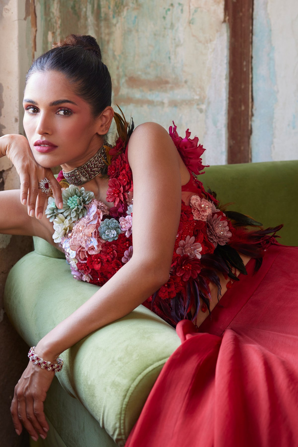 Scarlet Red Corsage Top &amp; Skirt Set