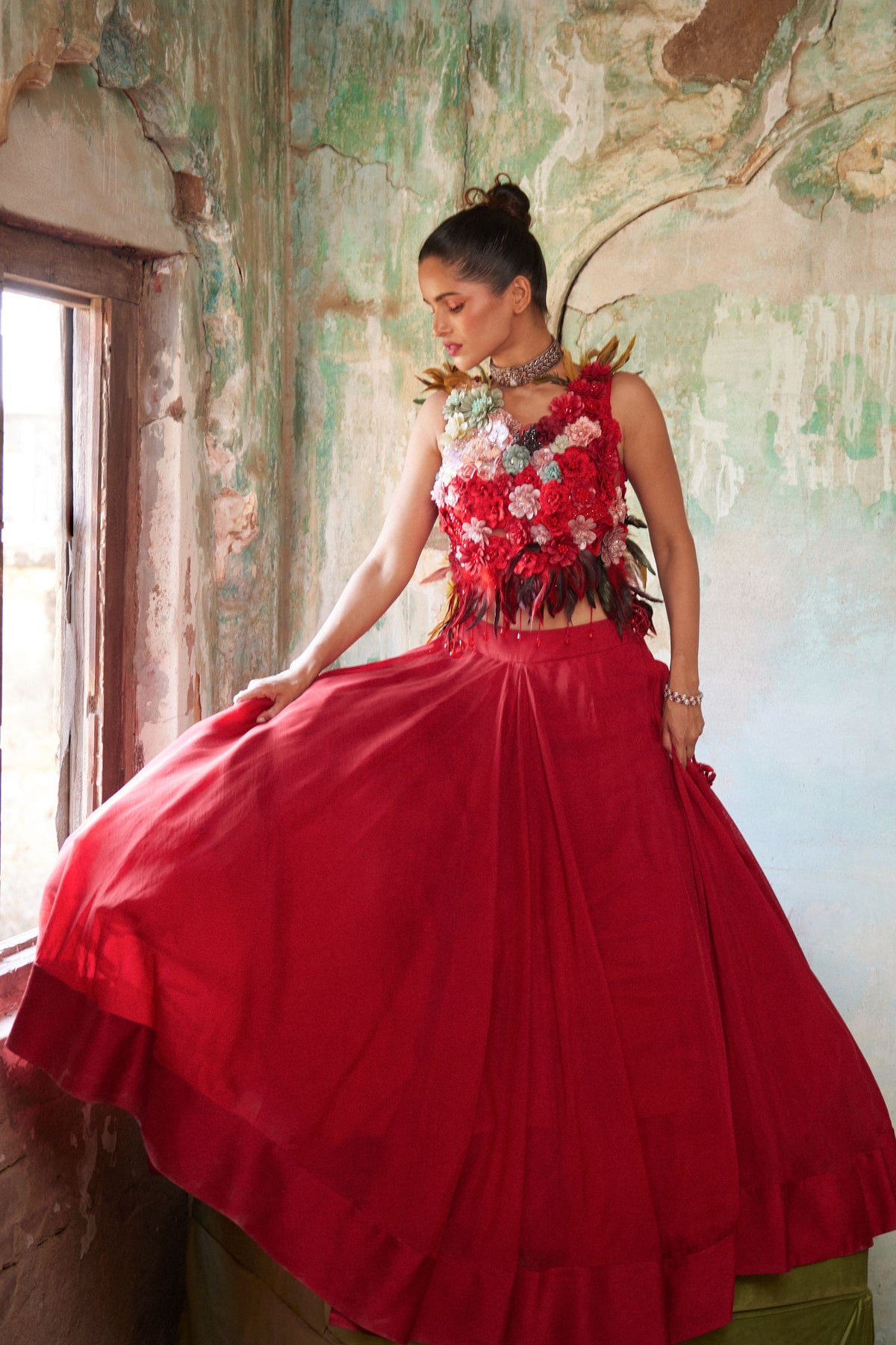 Scarlet Red Corsage Top &amp; Skirt Set