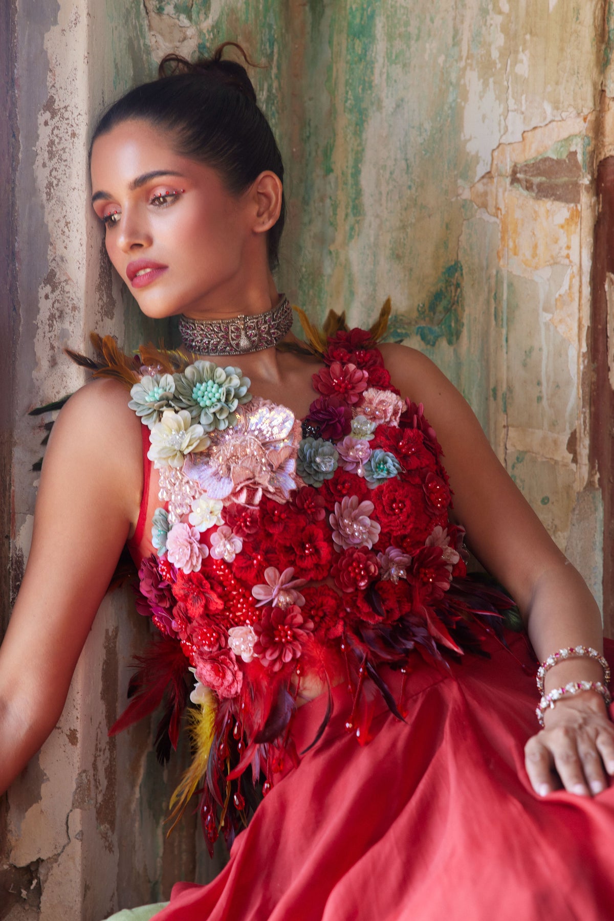 Scarlet Red Corsage Top &amp; Skirt Set