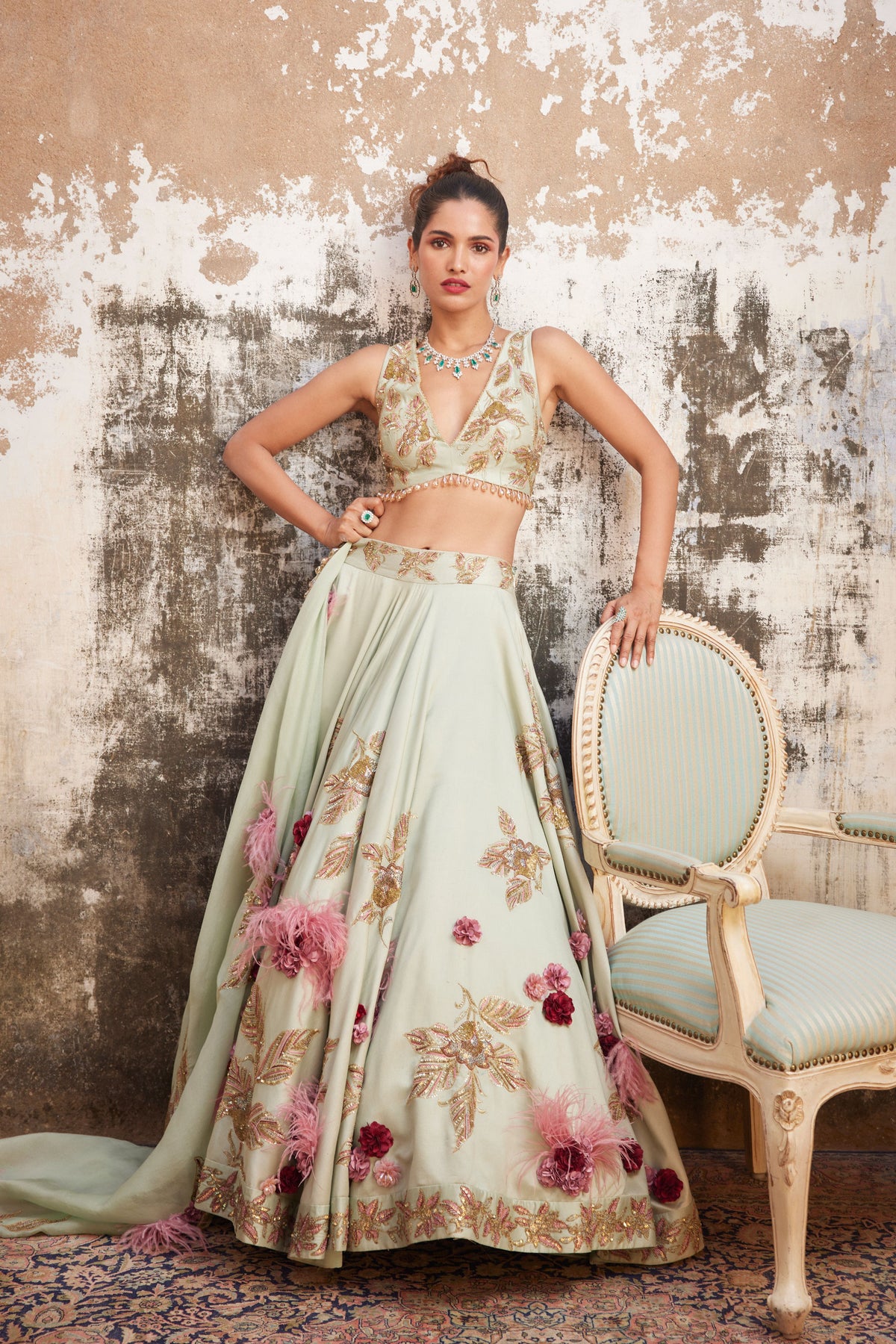 Mint &amp; Gold Corsage Lehenga Set