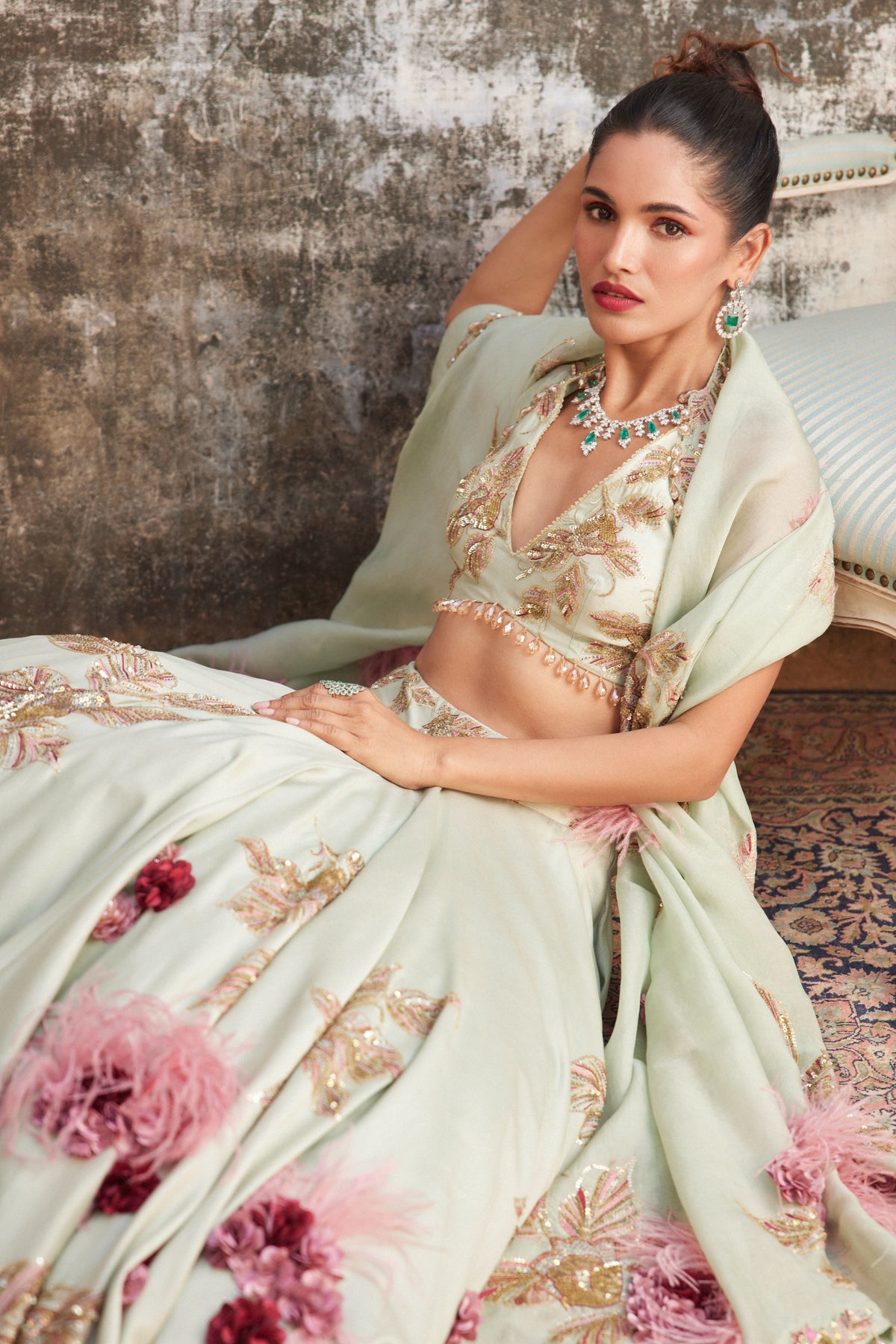 Mint &amp; Gold Corsage Lehenga Set