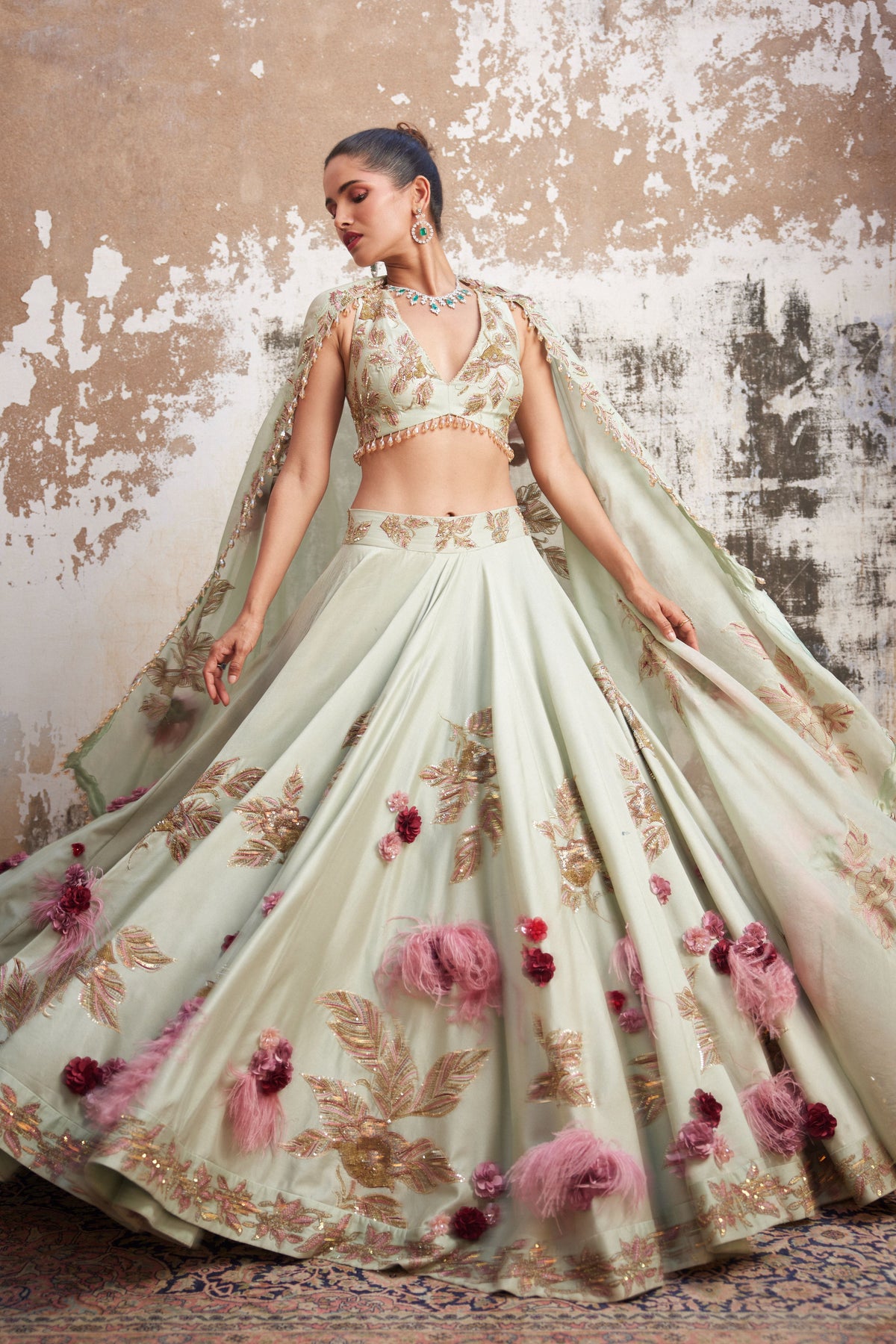 Mint &amp; Gold Corsage Lehenga Set