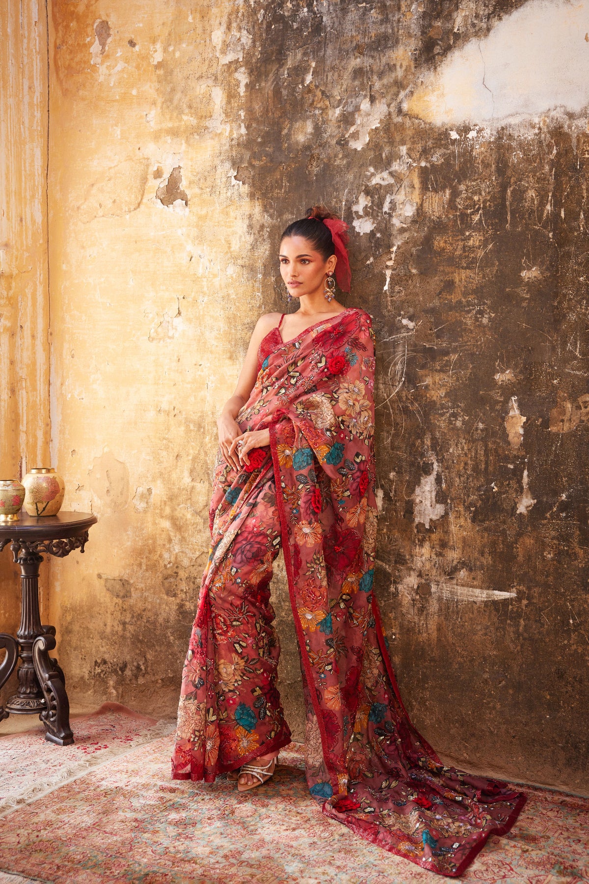 Old Rose Floral Printed Saree Set