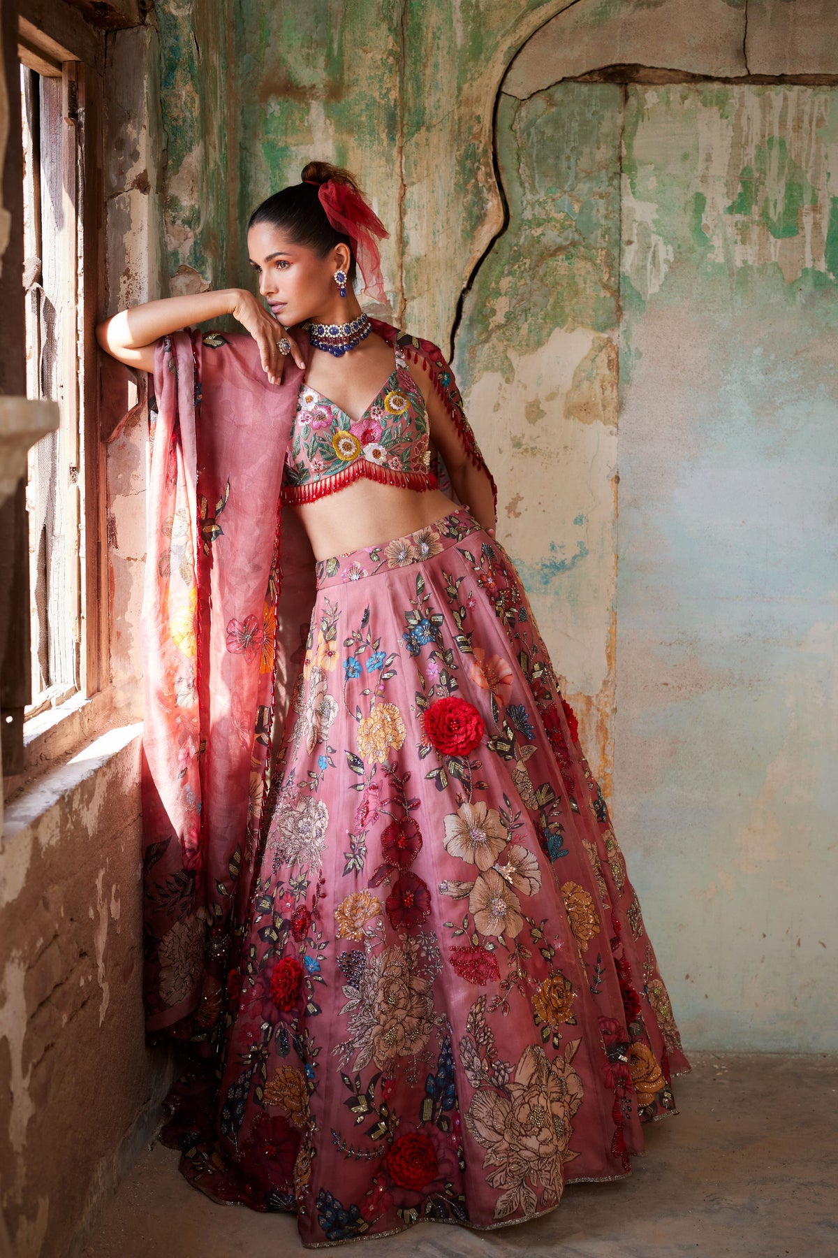 Old Rose Floral Printed &amp; Embroidered Lehenga Set