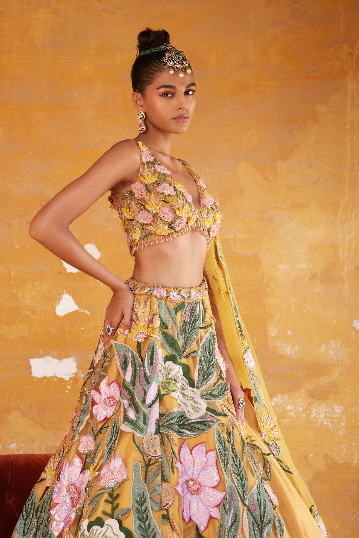Beige Asymmetric Embroidered Skirt Set