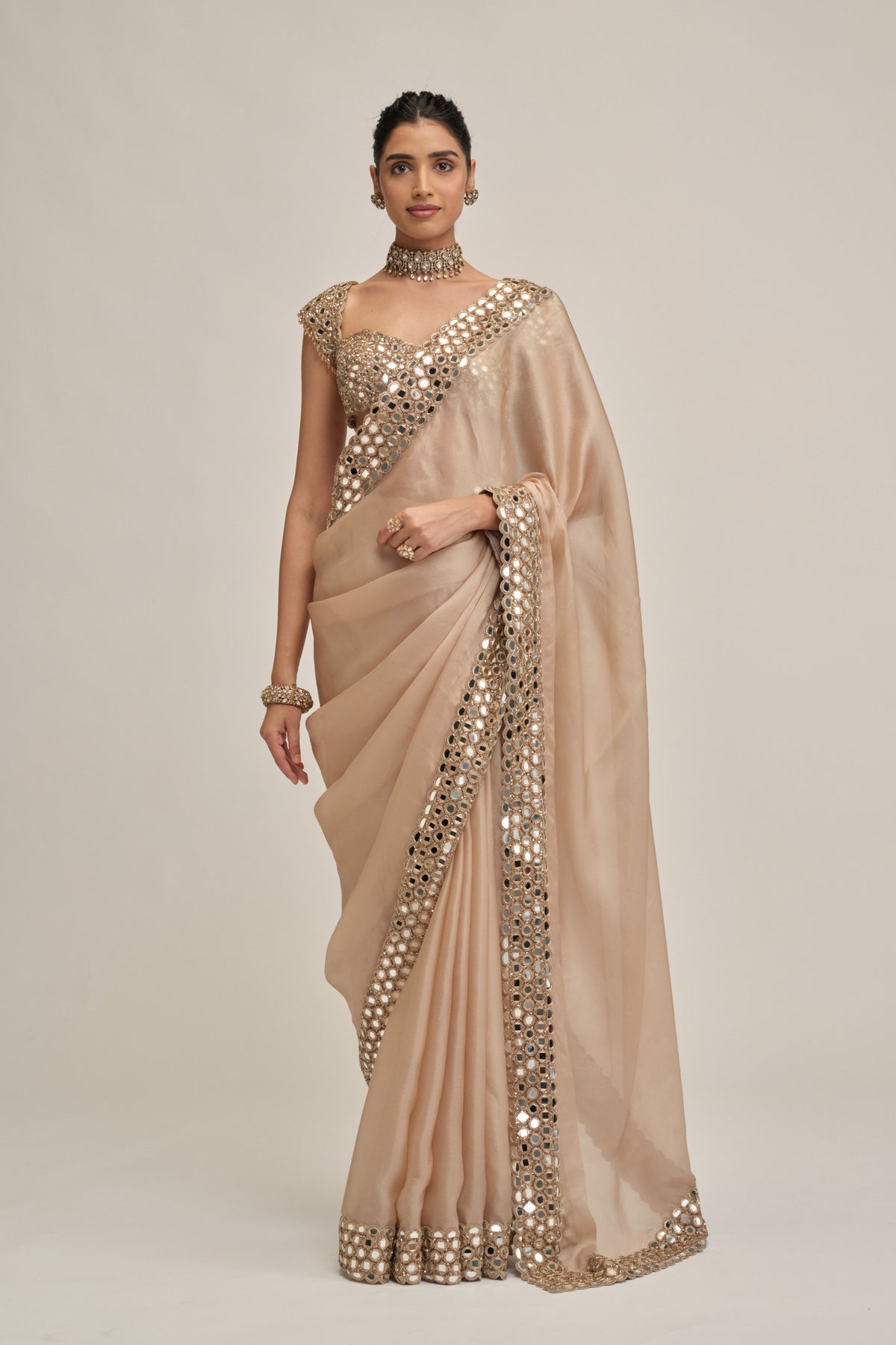 Beige Mirror Border Saree Set