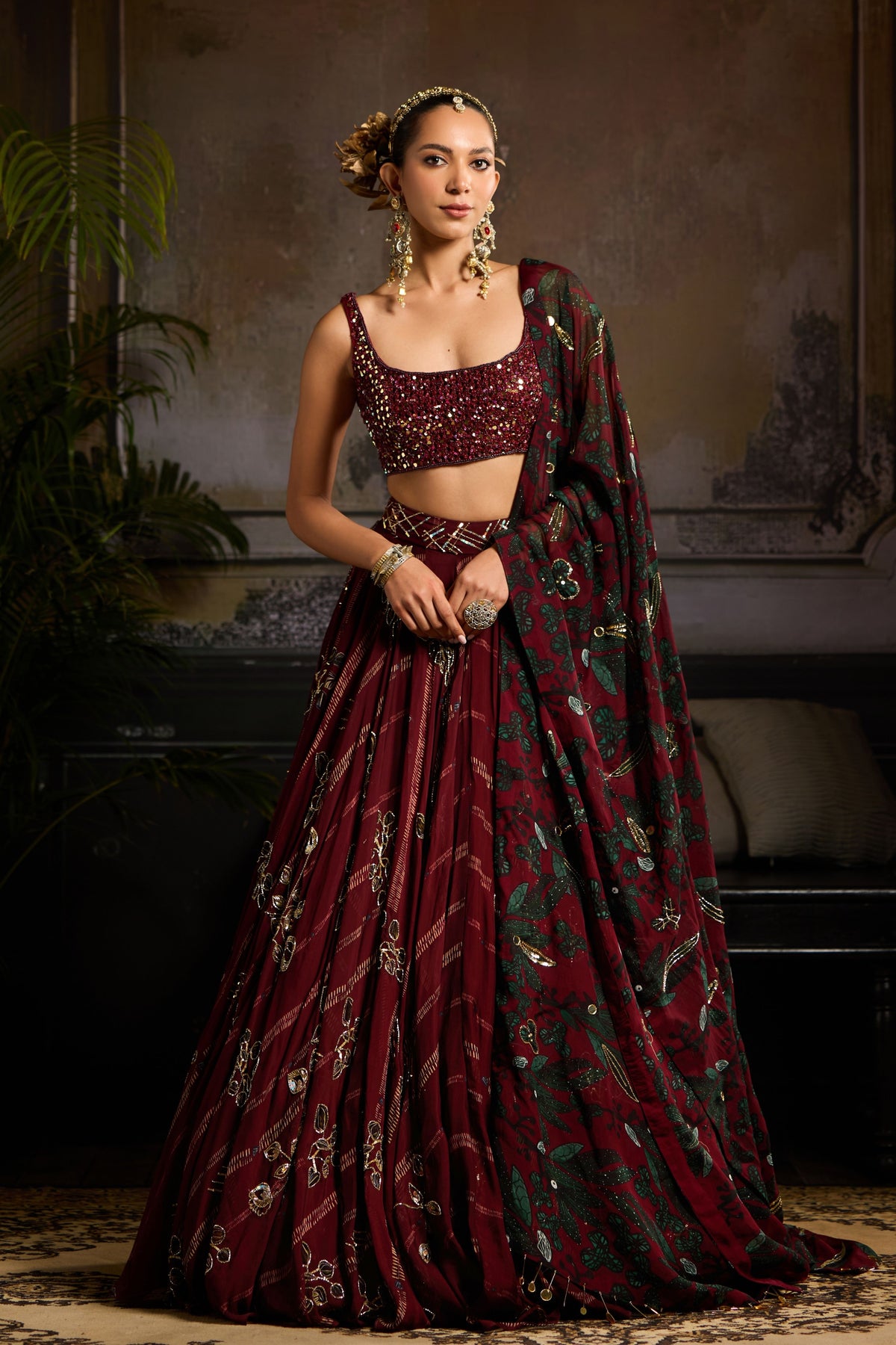 Wine Embroidered Lehenga Set