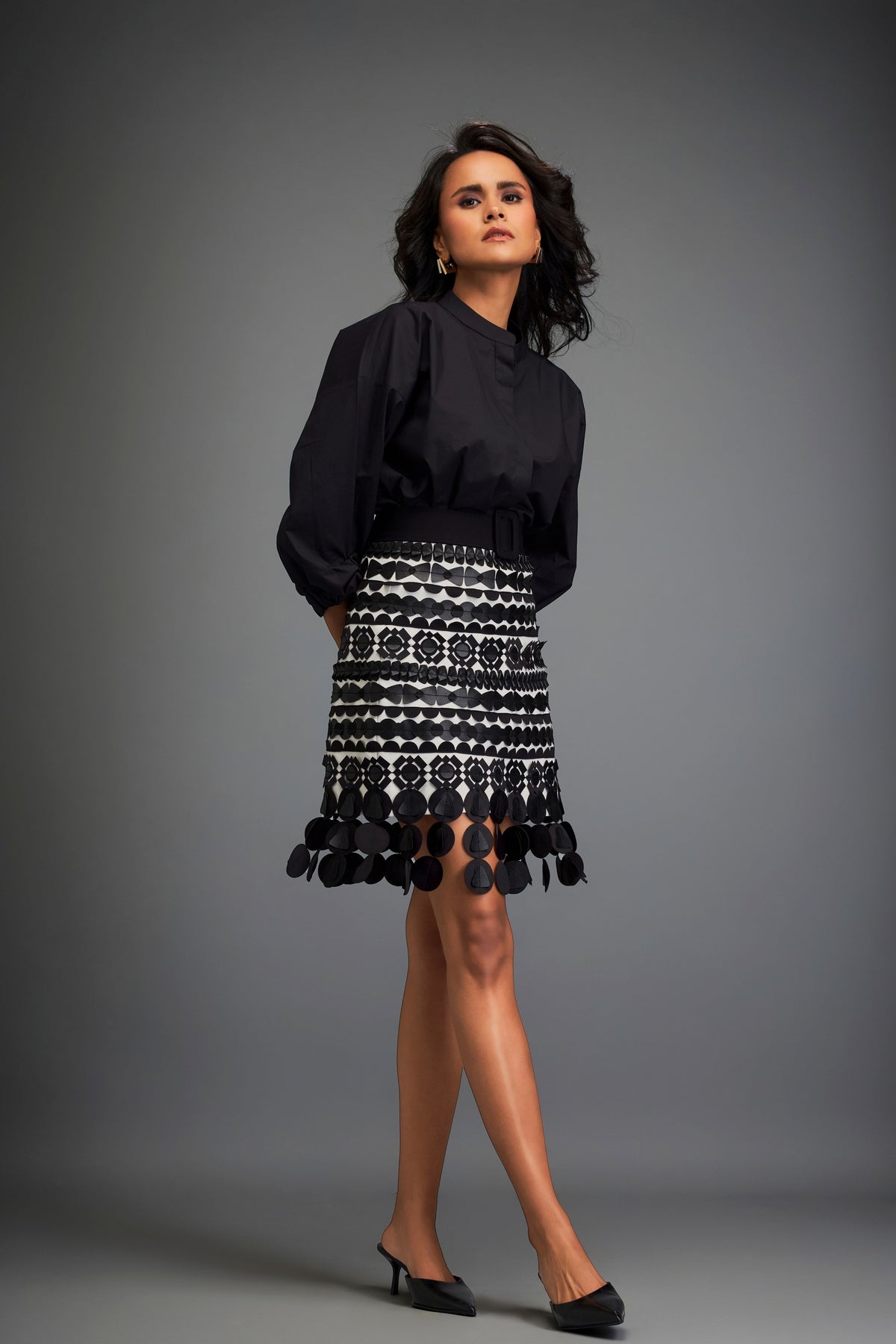 Black Embellished Skirt With Belt