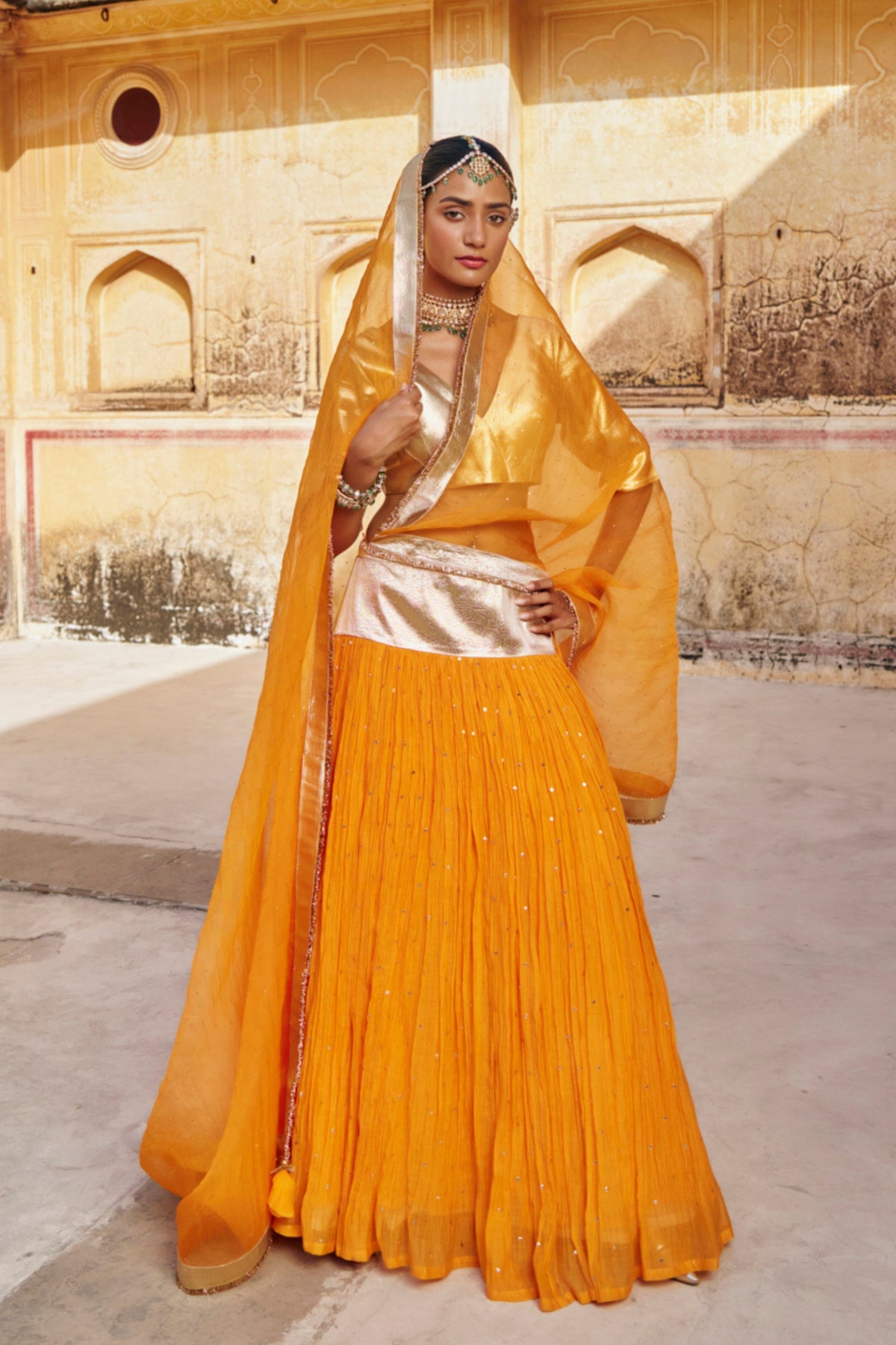 Saffron Golden Zari Lehenga Set