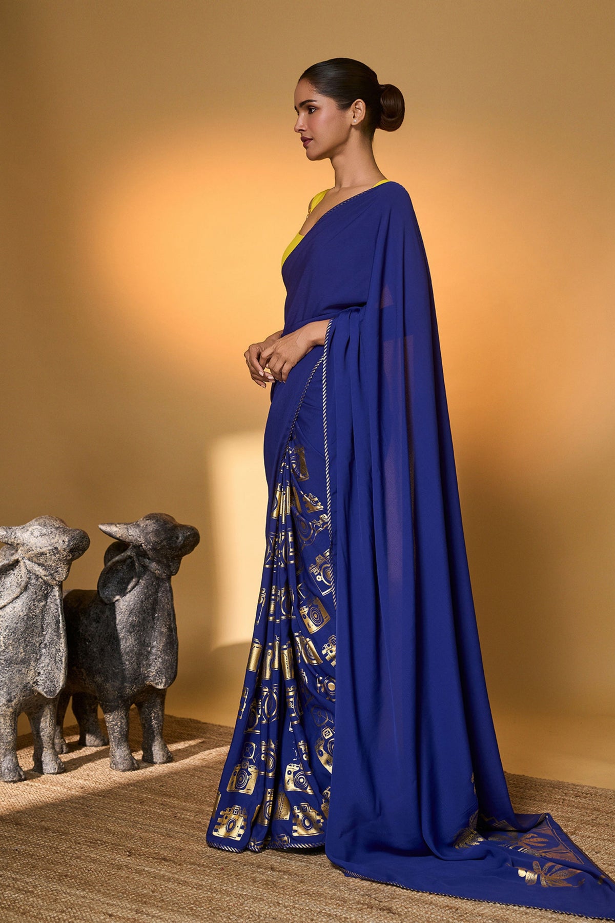 Electric Blue Tropical Camera Saree