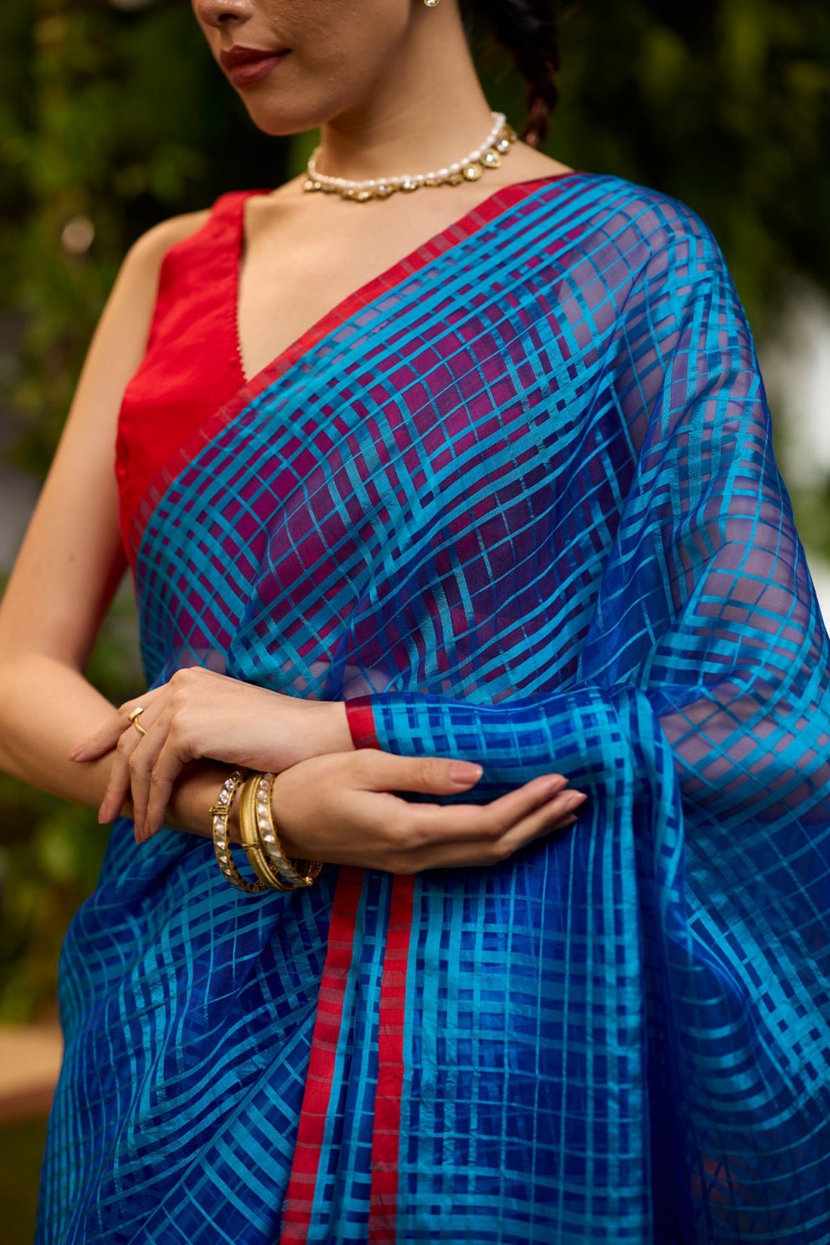 A Walkin Blue Checkered Saree