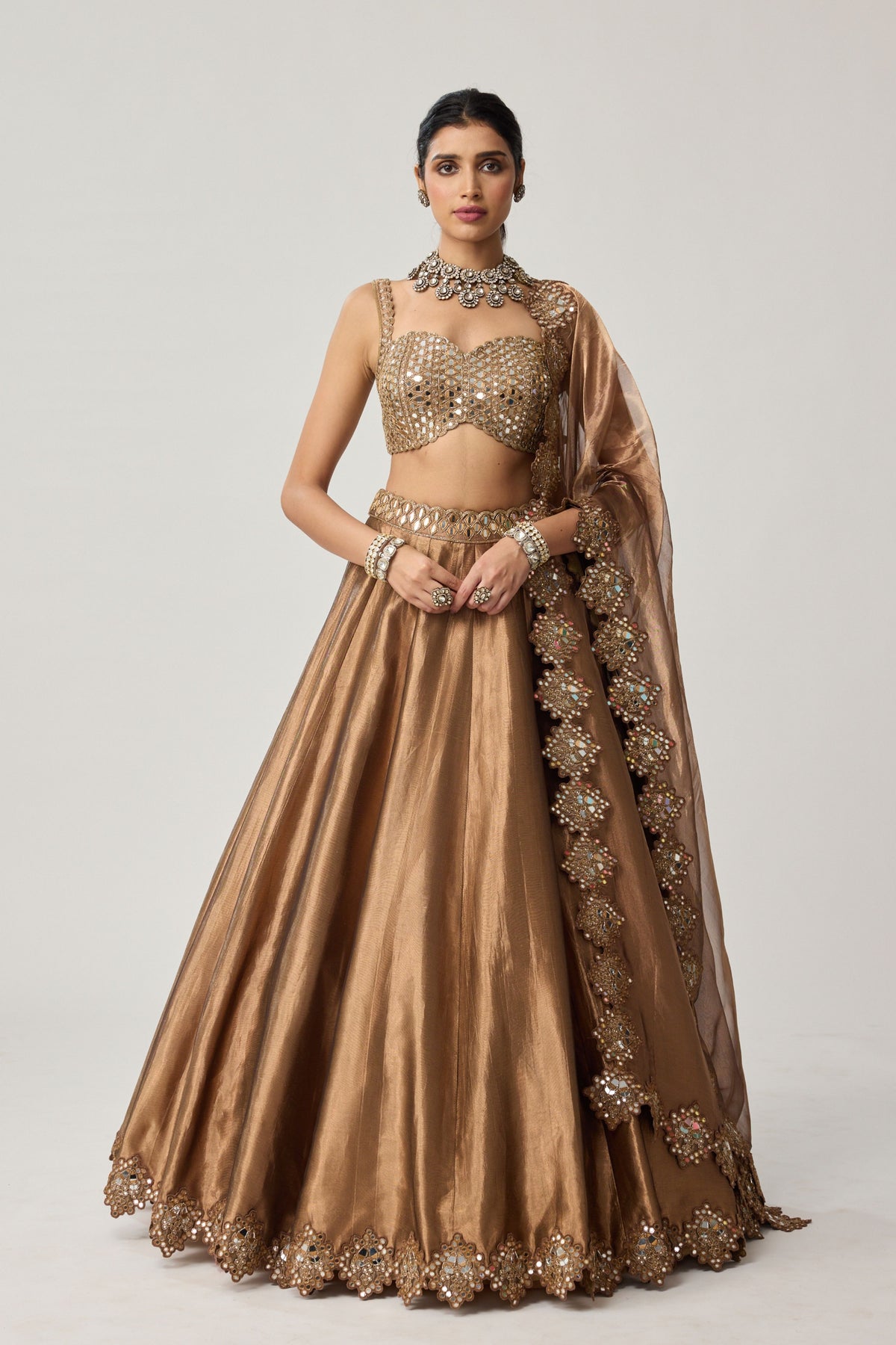 Copper Tissue Mirror Lehenga Set