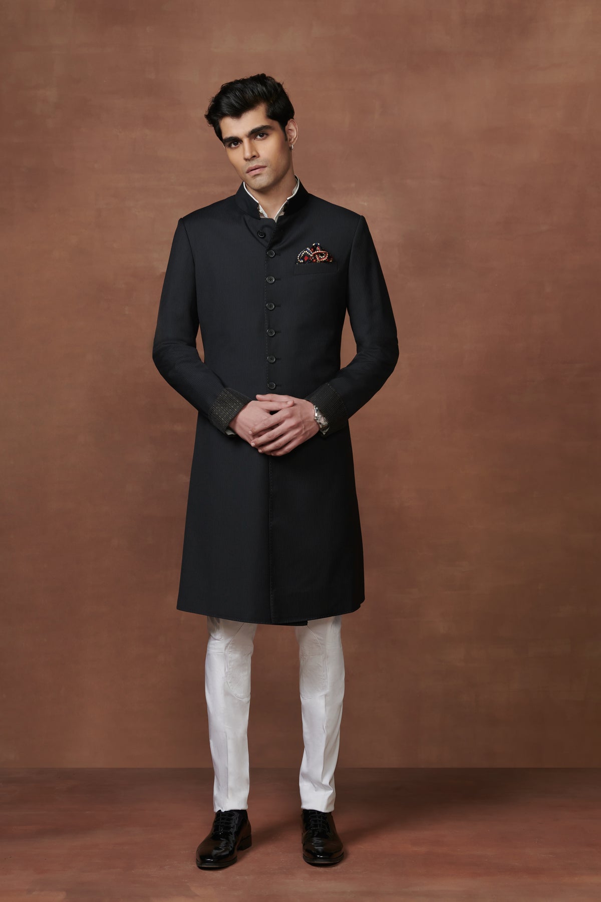 Opulent Pinstriped Black Achkan