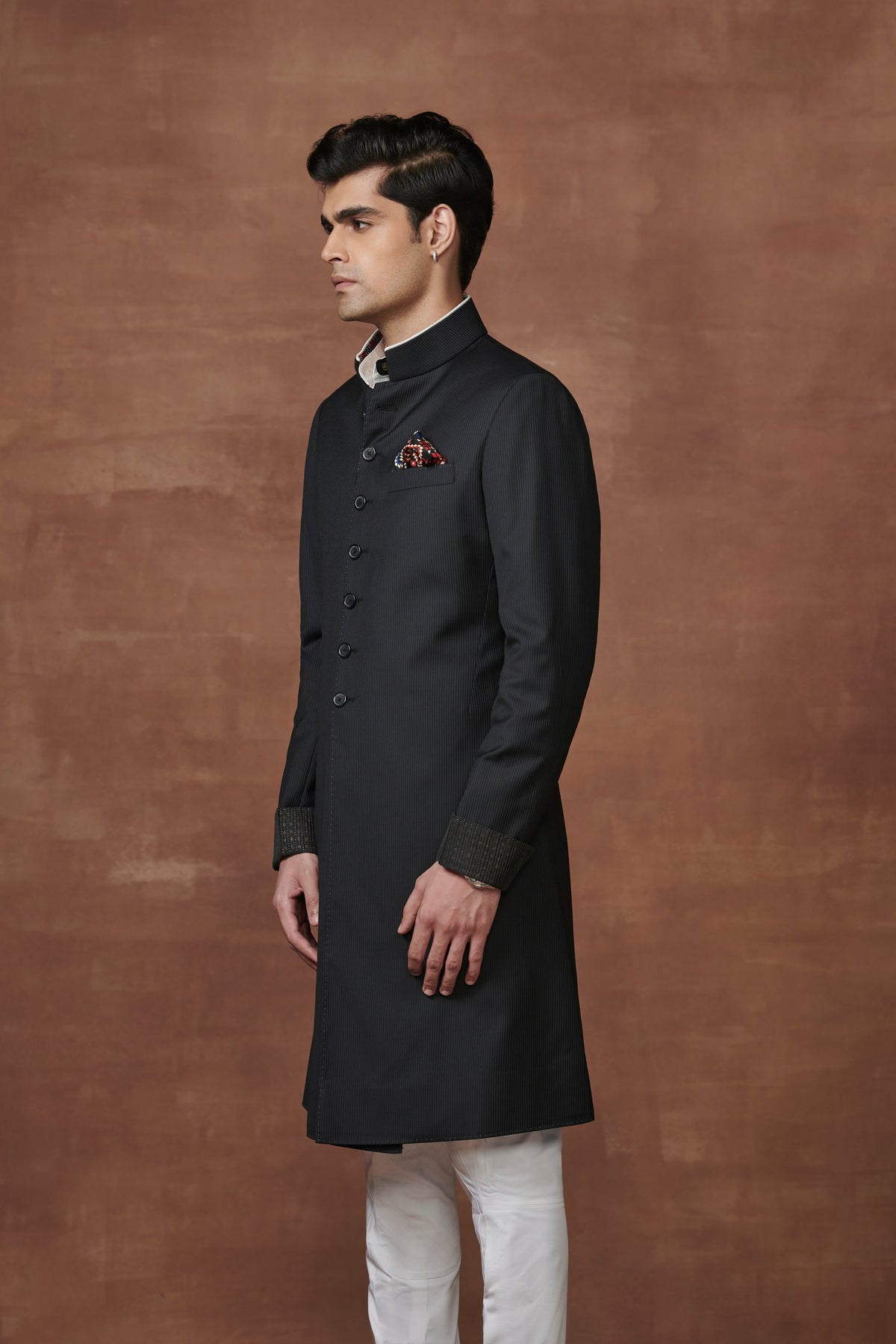 Opulent Pinstriped Black Achkan