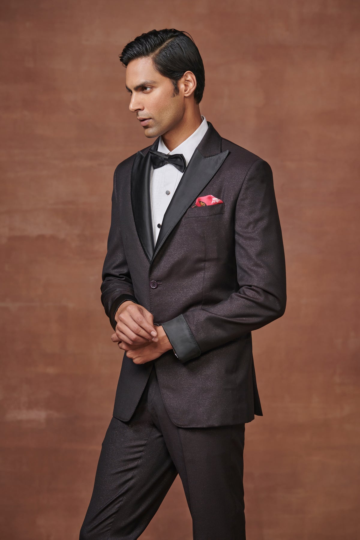 Wine Metallic Gabardine Tuxedo Suit