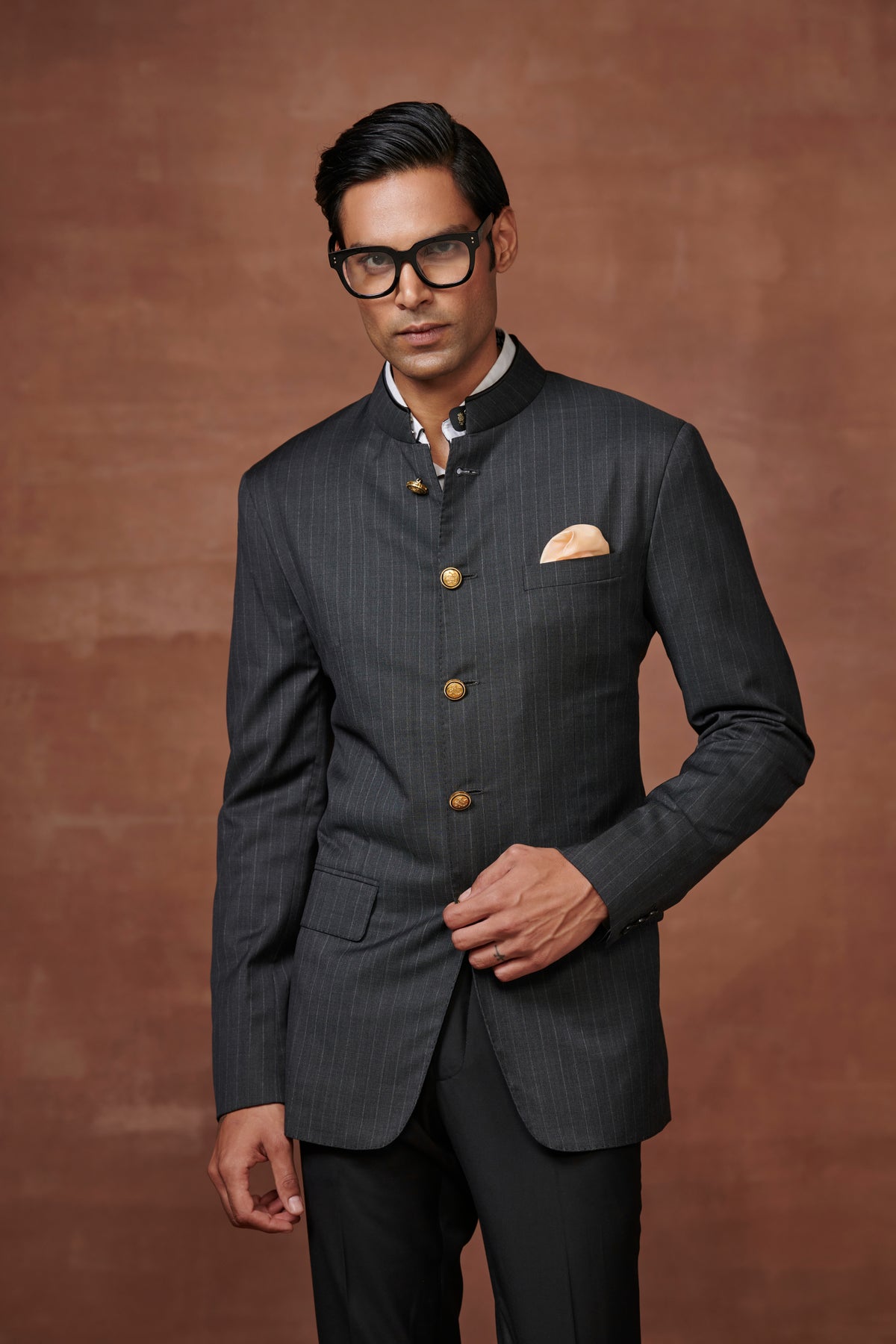 Striped Noir Bandhgala Suit