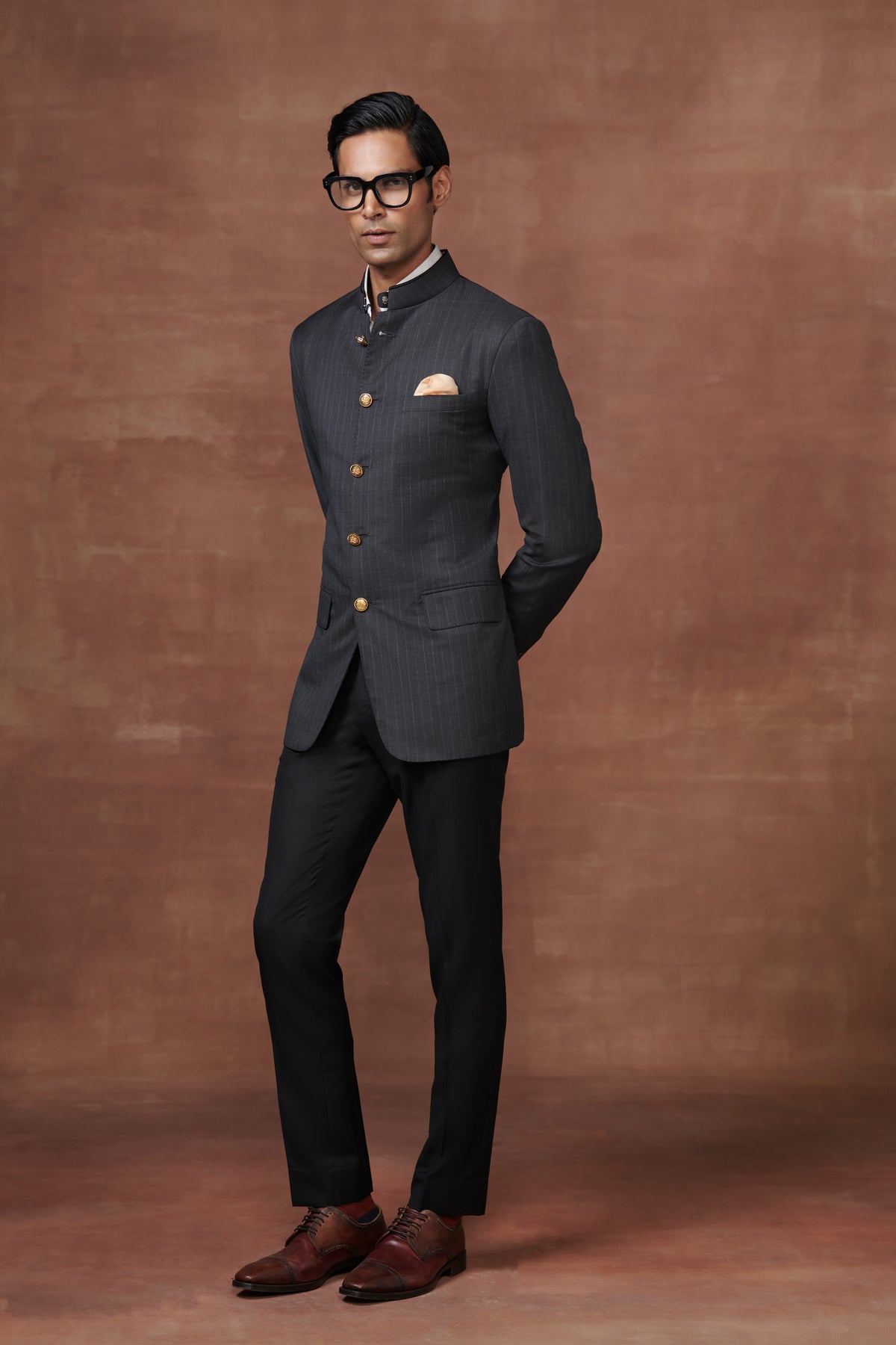 Striped Noir Bandhgala Suit