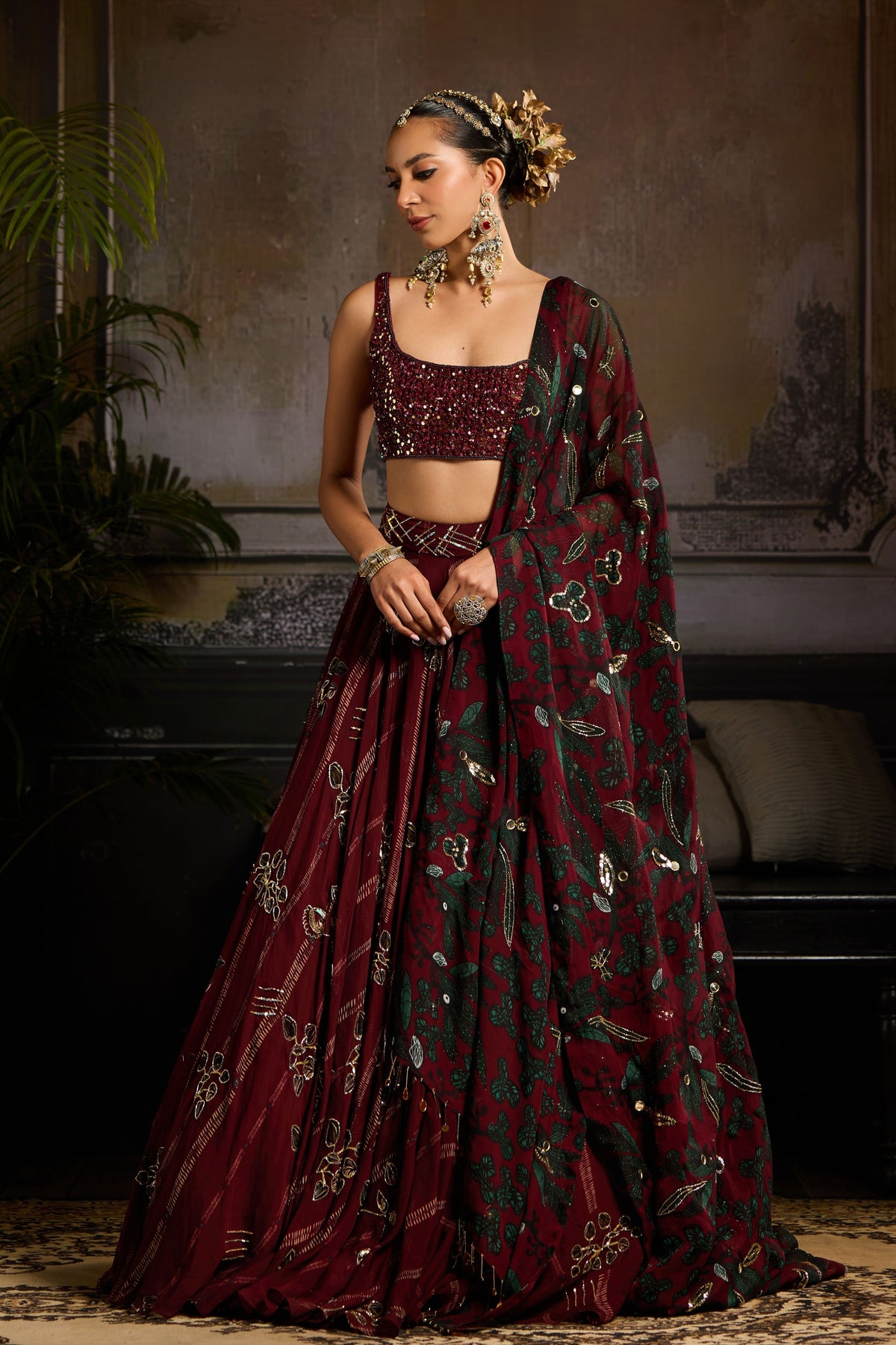Wine Embroidered Lehenga Set