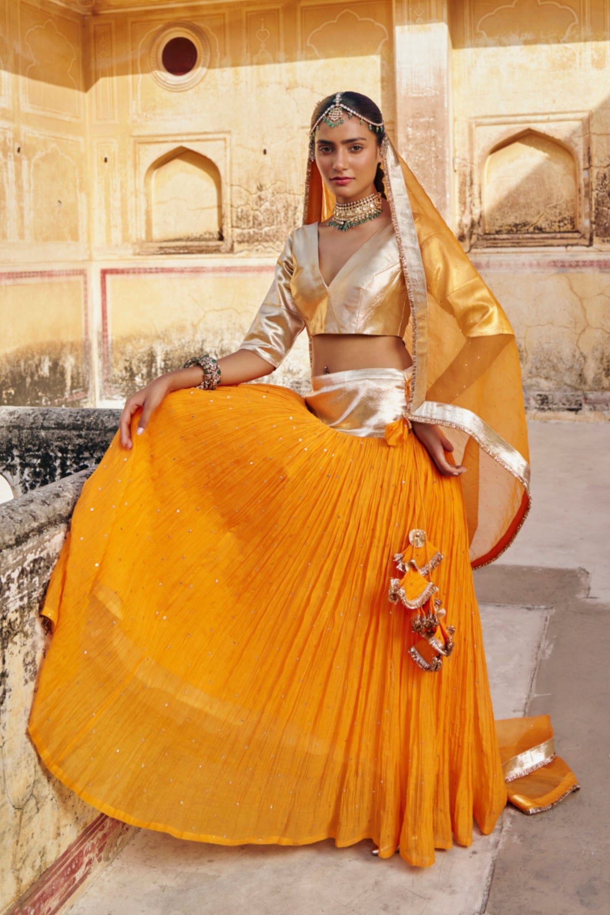 Saffron Golden Zari Lehenga Set