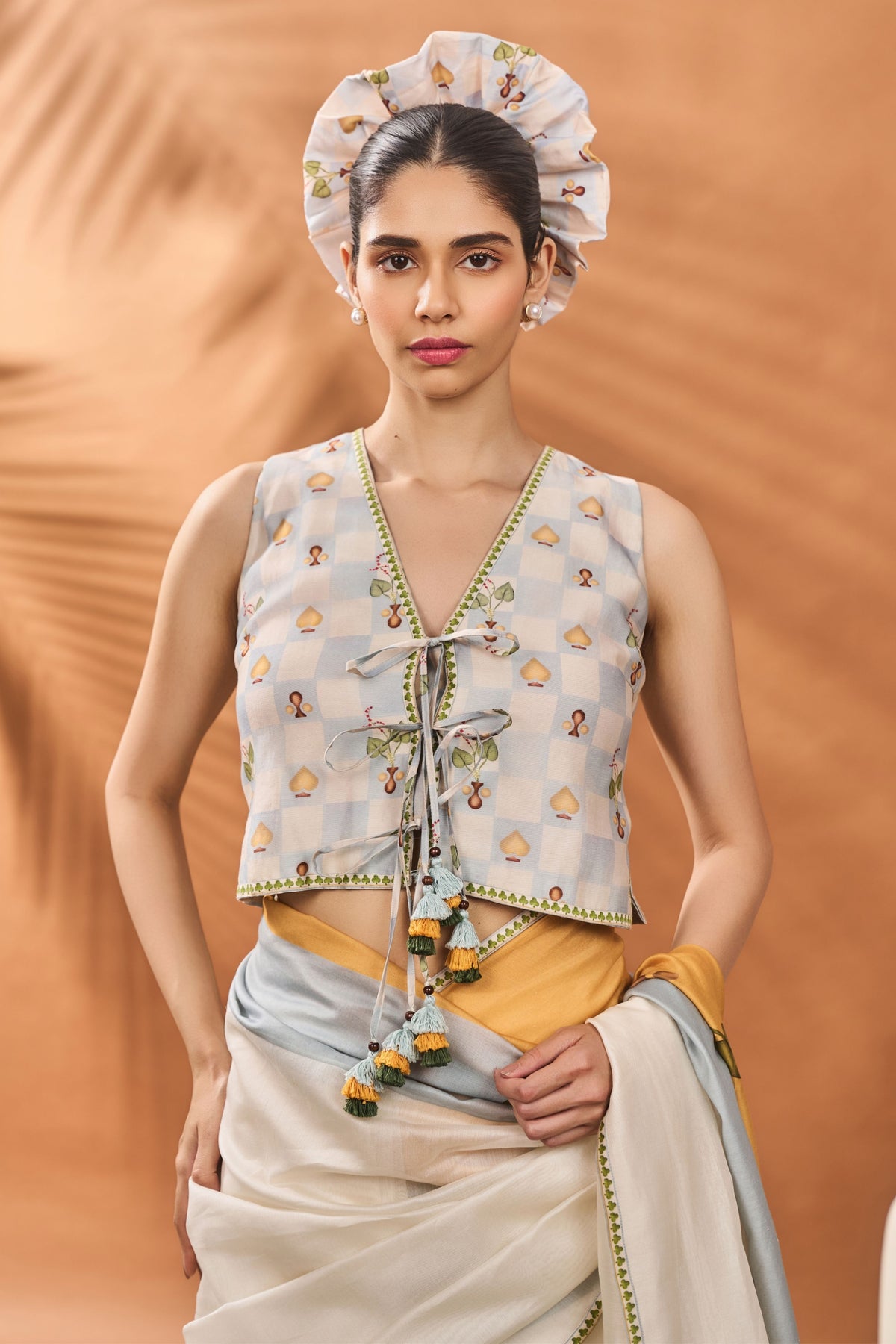 Ivory Stripe Garden Grid Saree