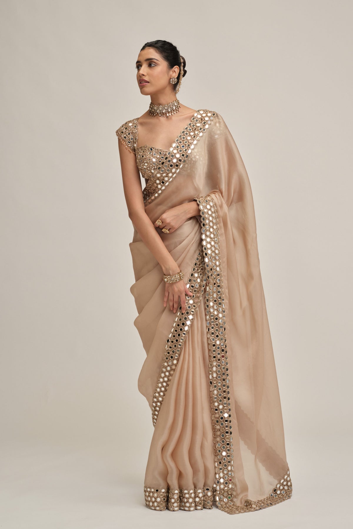 Beige Mirror Border Saree Set