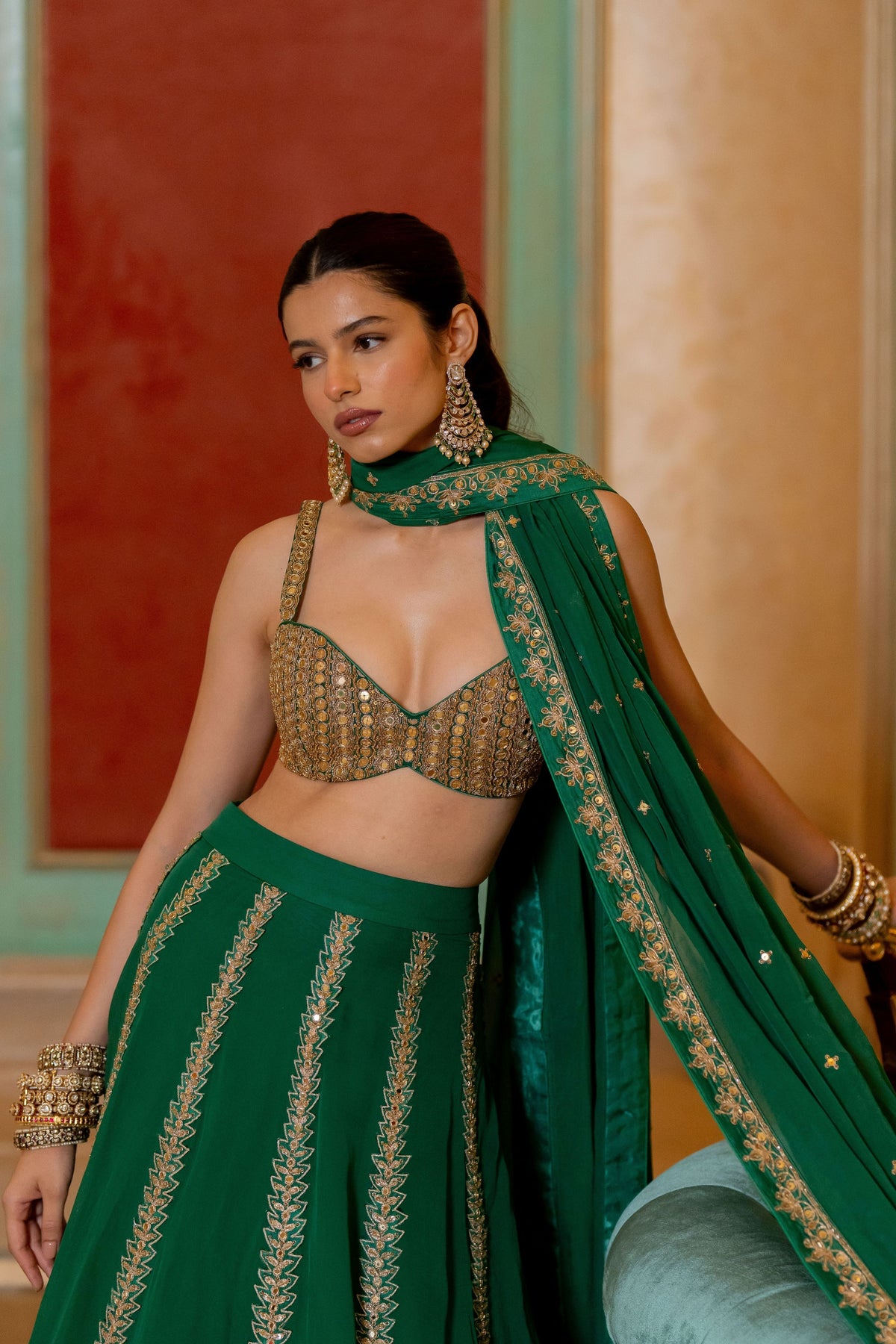 Emerald Green Hand Embroidered Mirror Detailed Lehenga Set