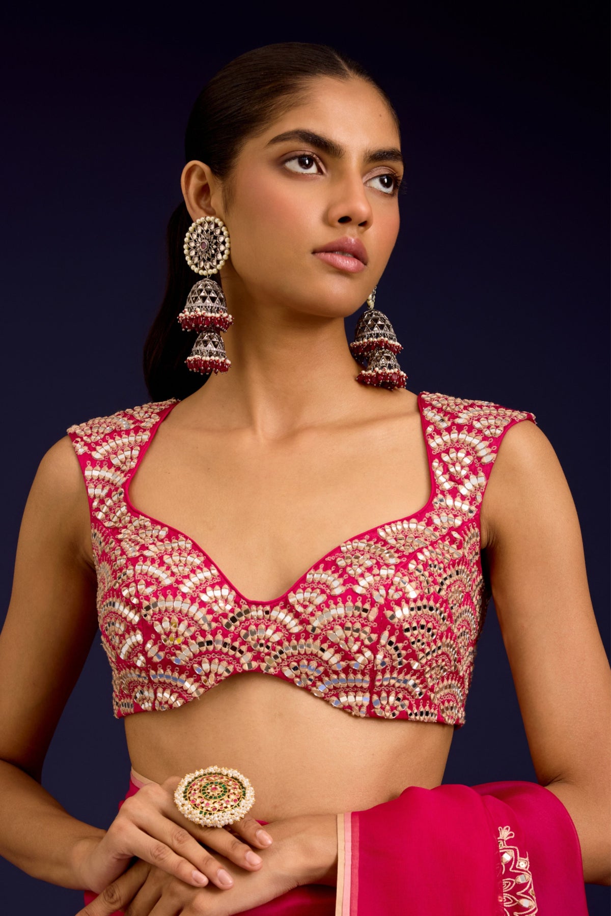Fuchsia Embroidered Saree Set
