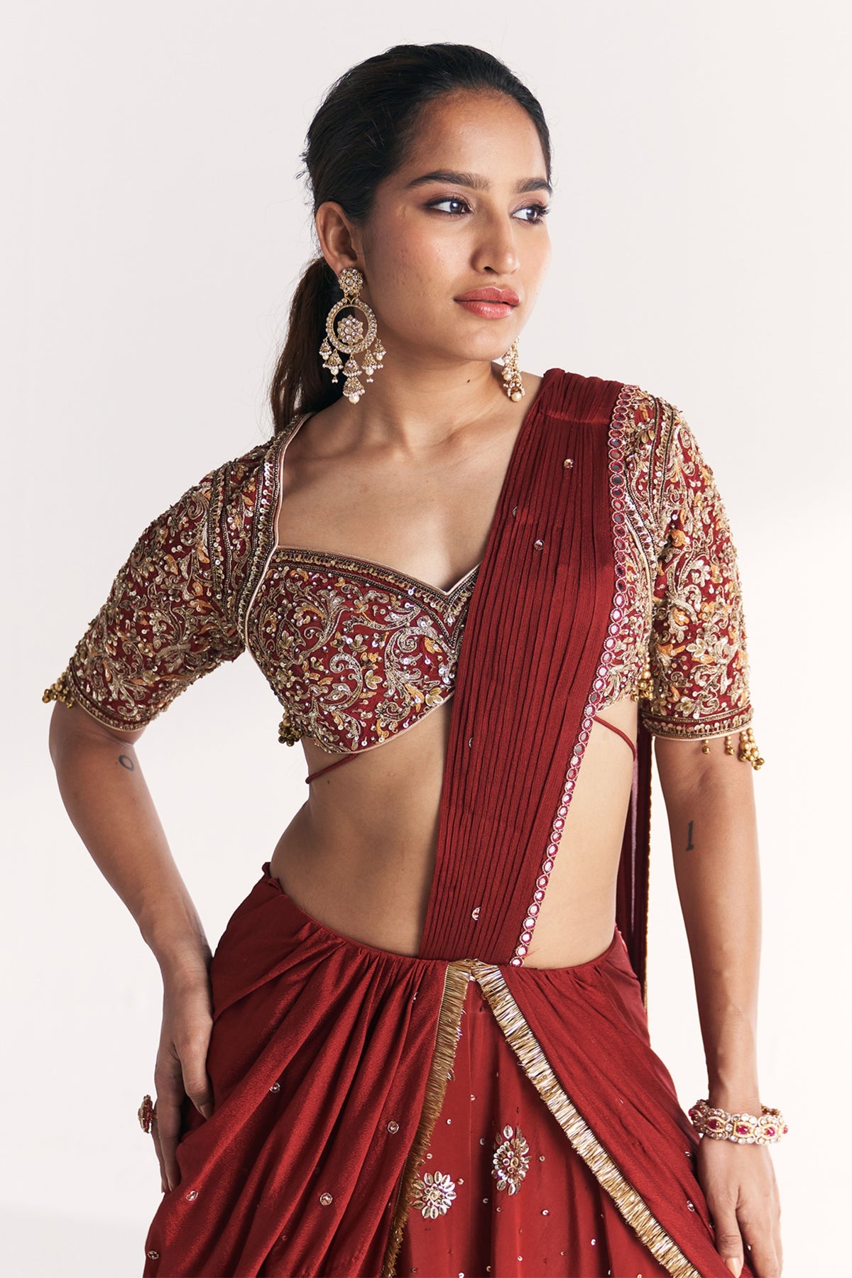 Naveli Maroon Pre-stitched Saree