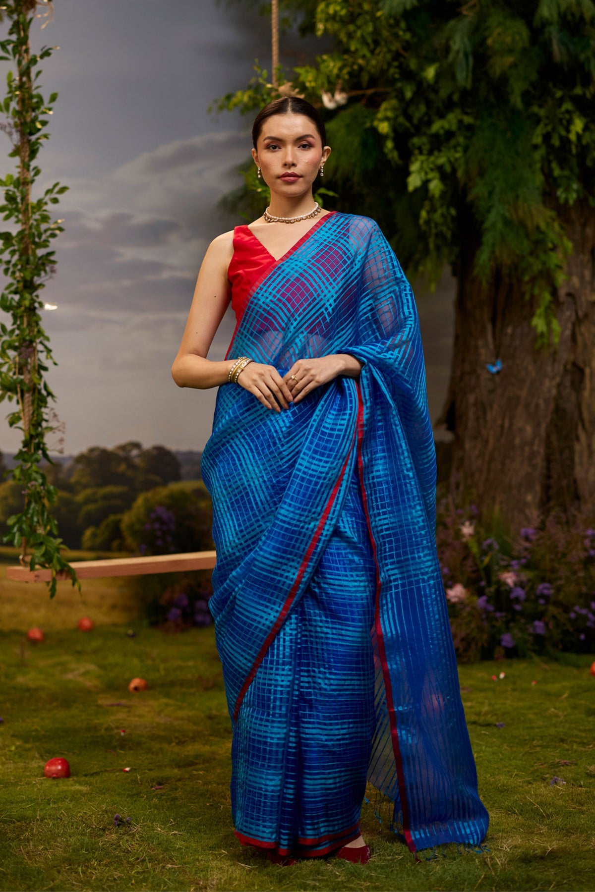 A Walkin Blue Checkered Saree