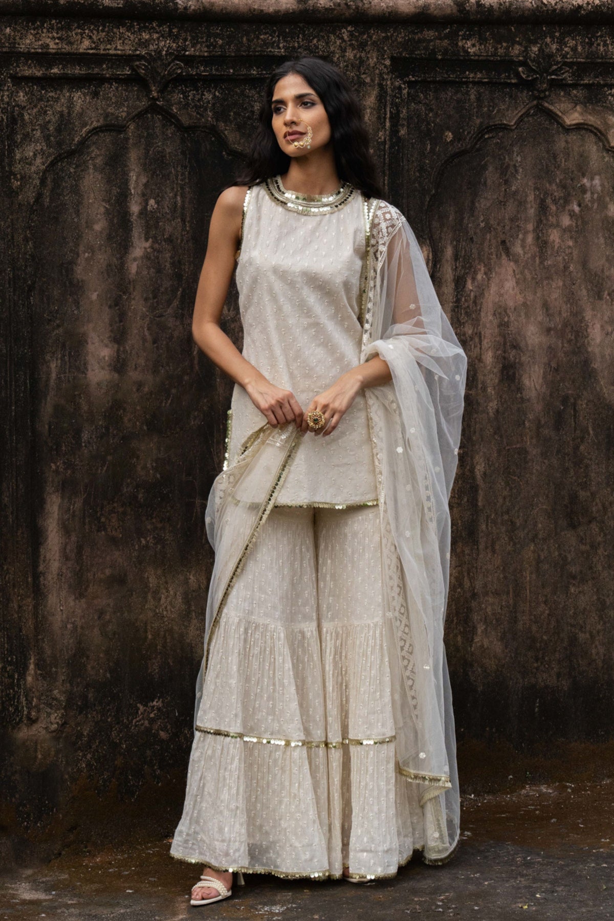 Off White Gold Dot Sharara Set