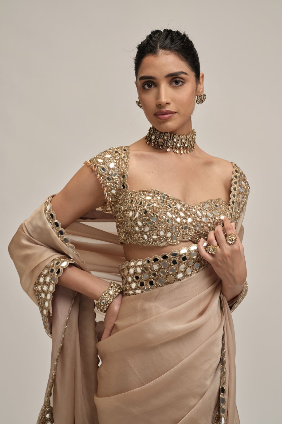Beige Mirror Border Saree Set