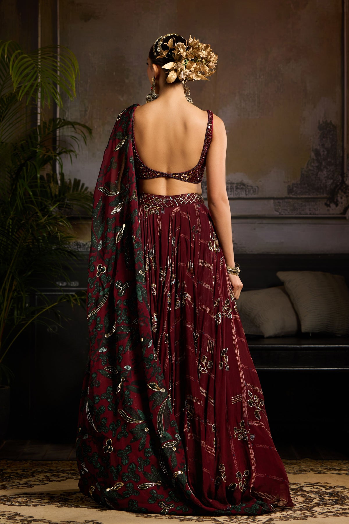 Wine Embroidered Lehenga Set