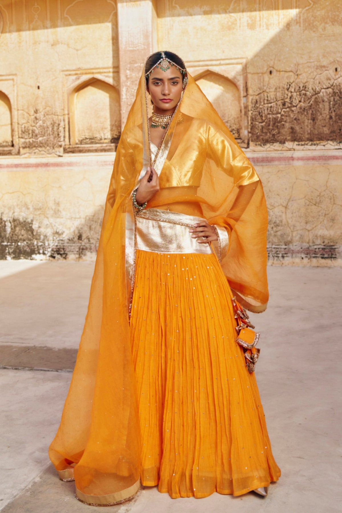 Saffron Golden Zari Lehenga Set