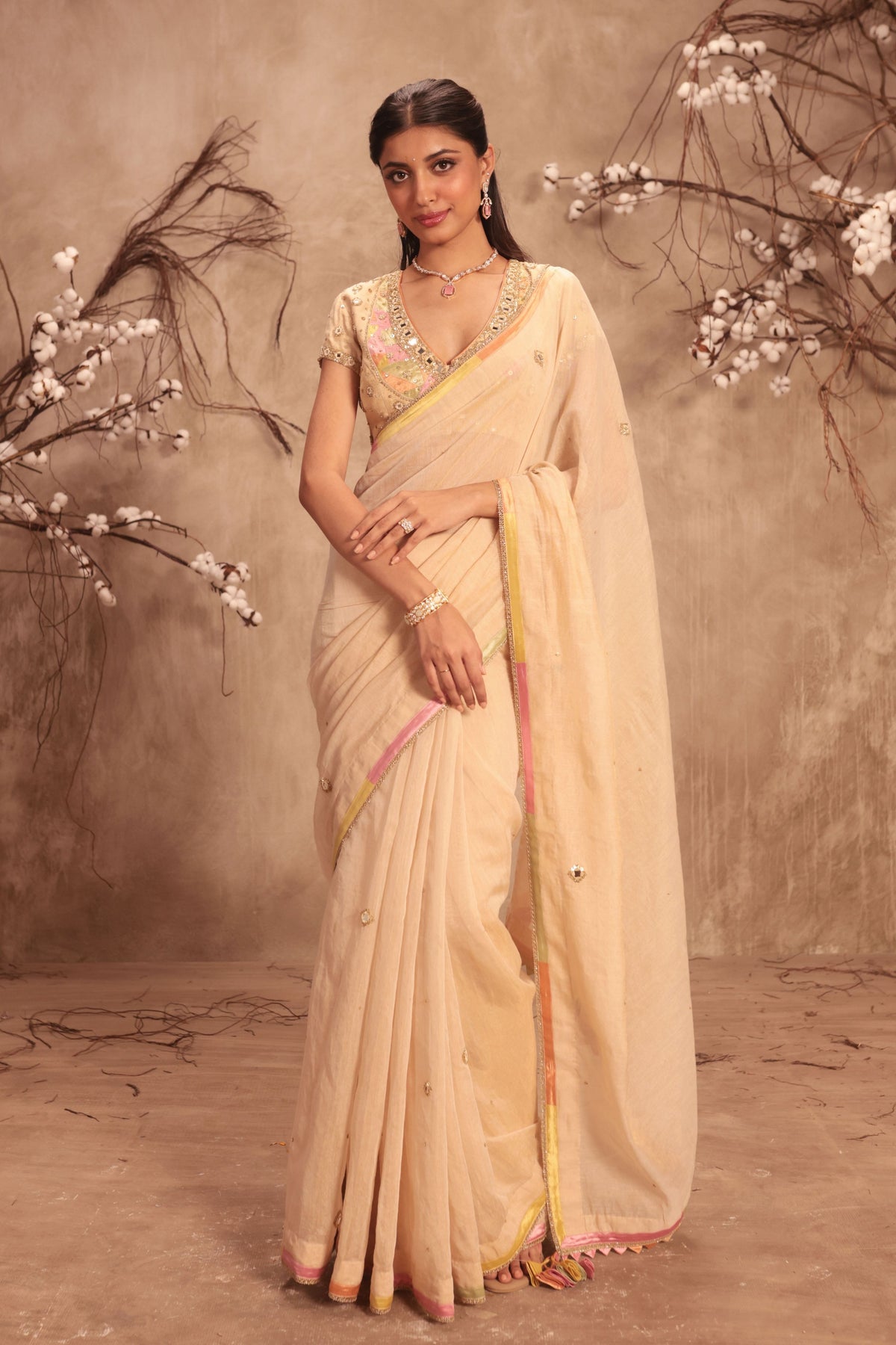 Ivory Applique Saree Set