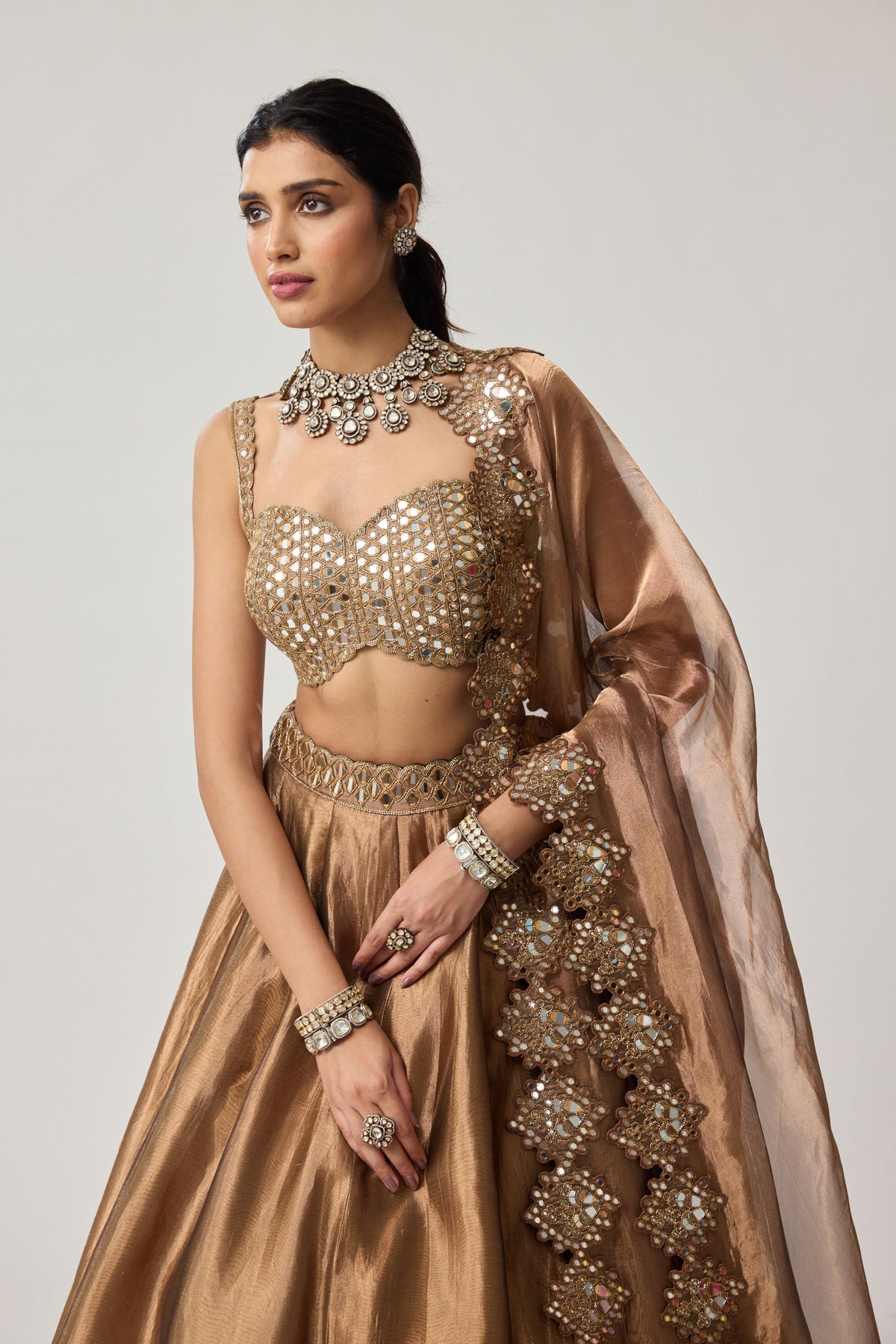 Copper Tissue Mirror Lehenga Set