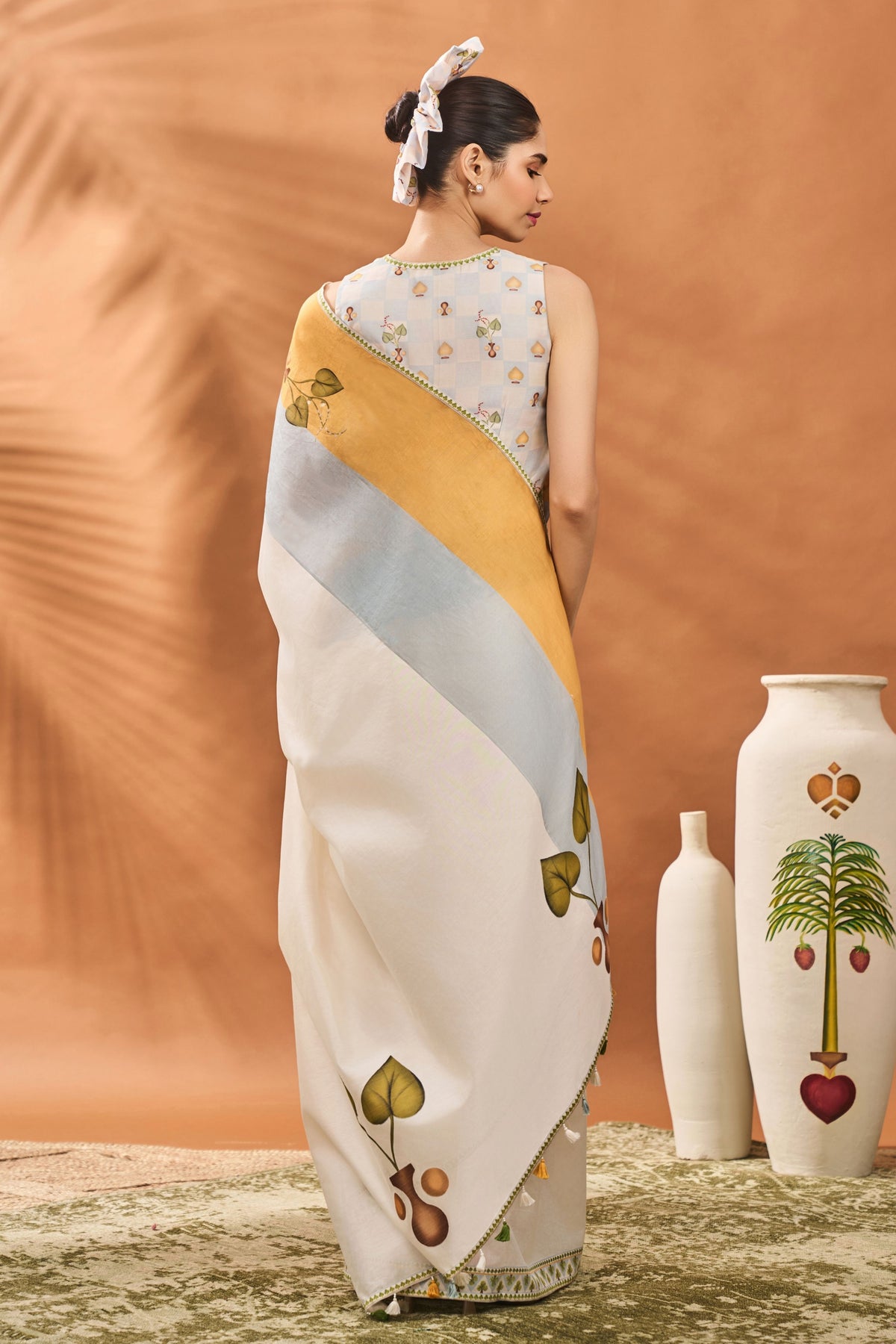 Ivory Stripe Garden Grid Saree