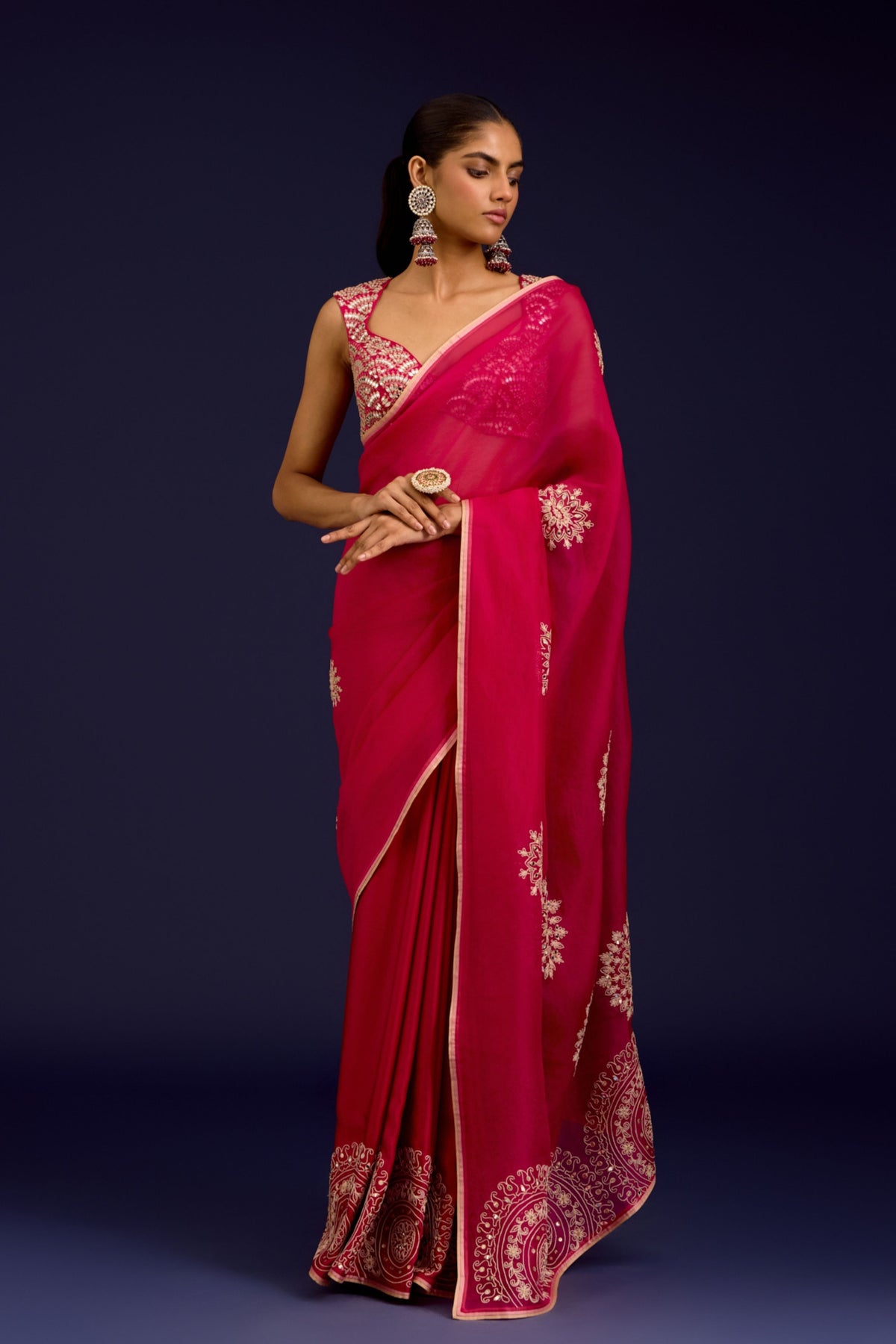 Fuchsia Embroidered Saree Set
