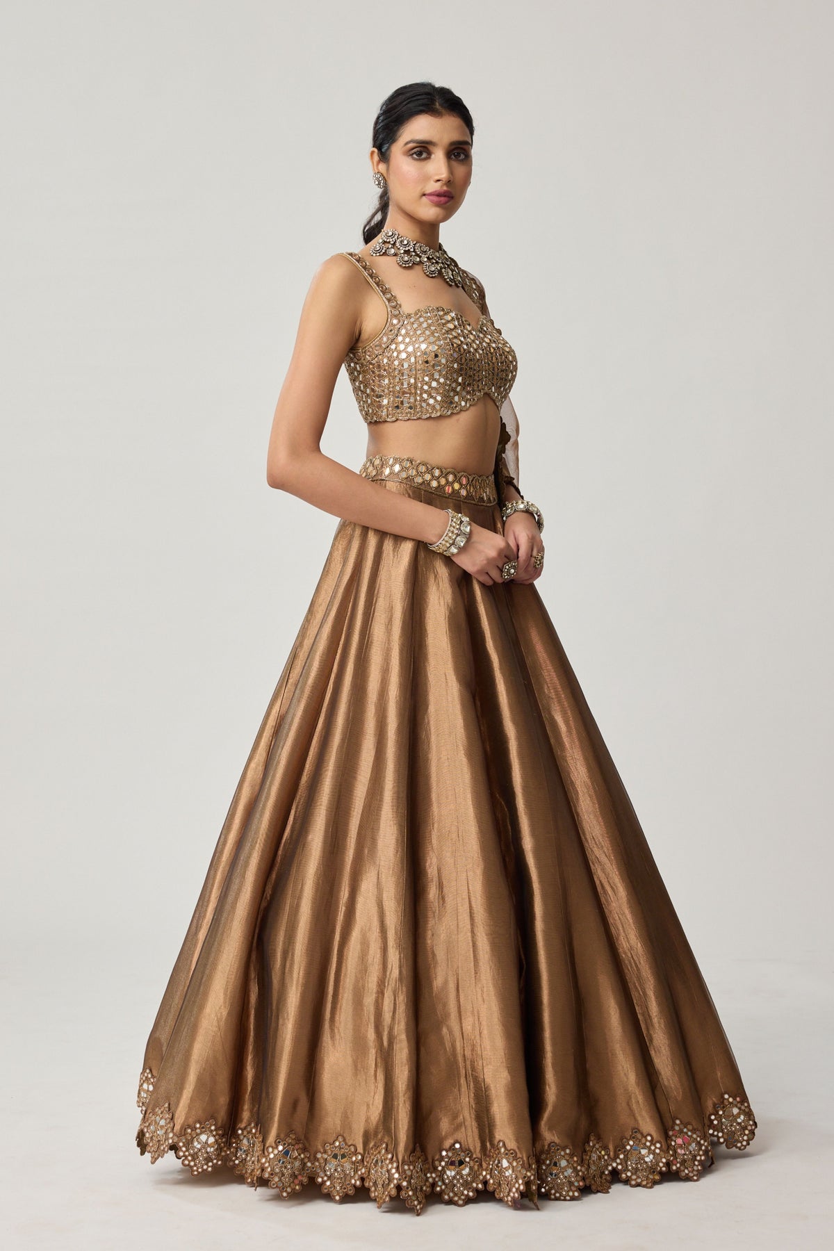 Copper Tissue Mirror Lehenga Set