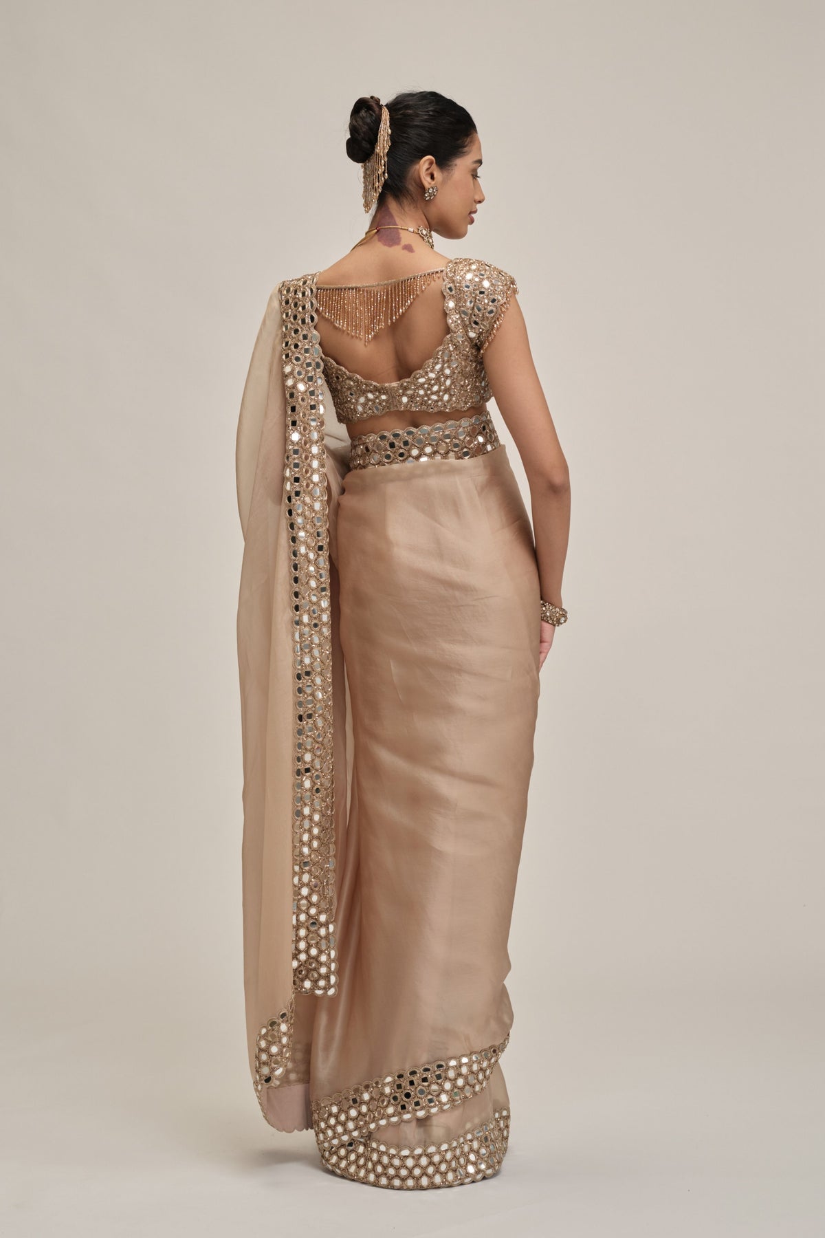 Beige Mirror Border Saree Set