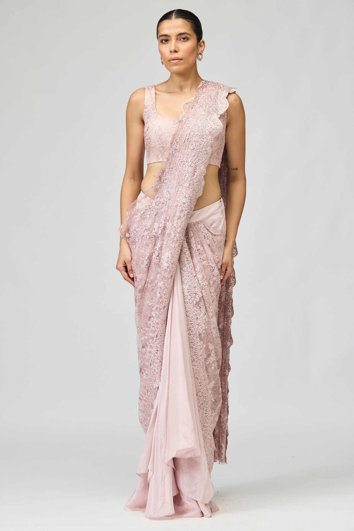 Pink Sheer Embroidered Saree Set
