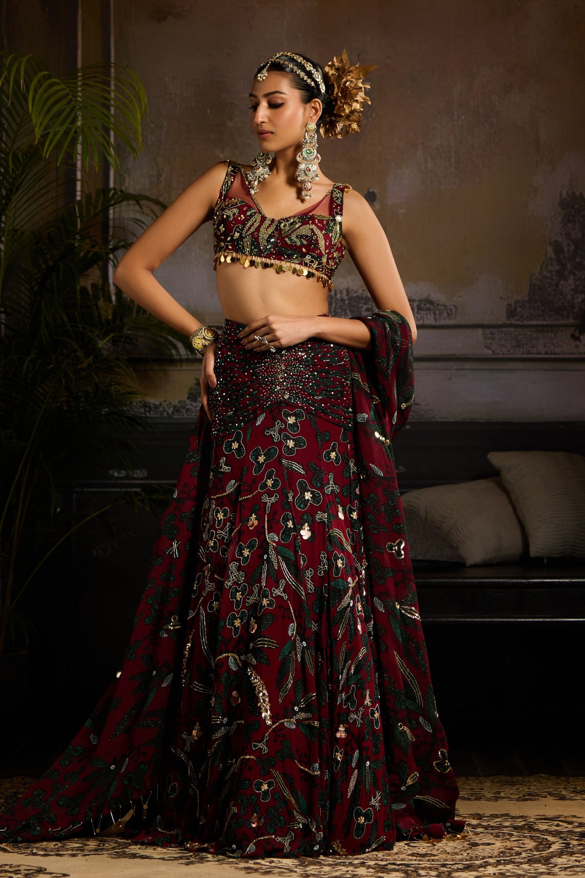 Wine Print Highlighted Lehenga Set