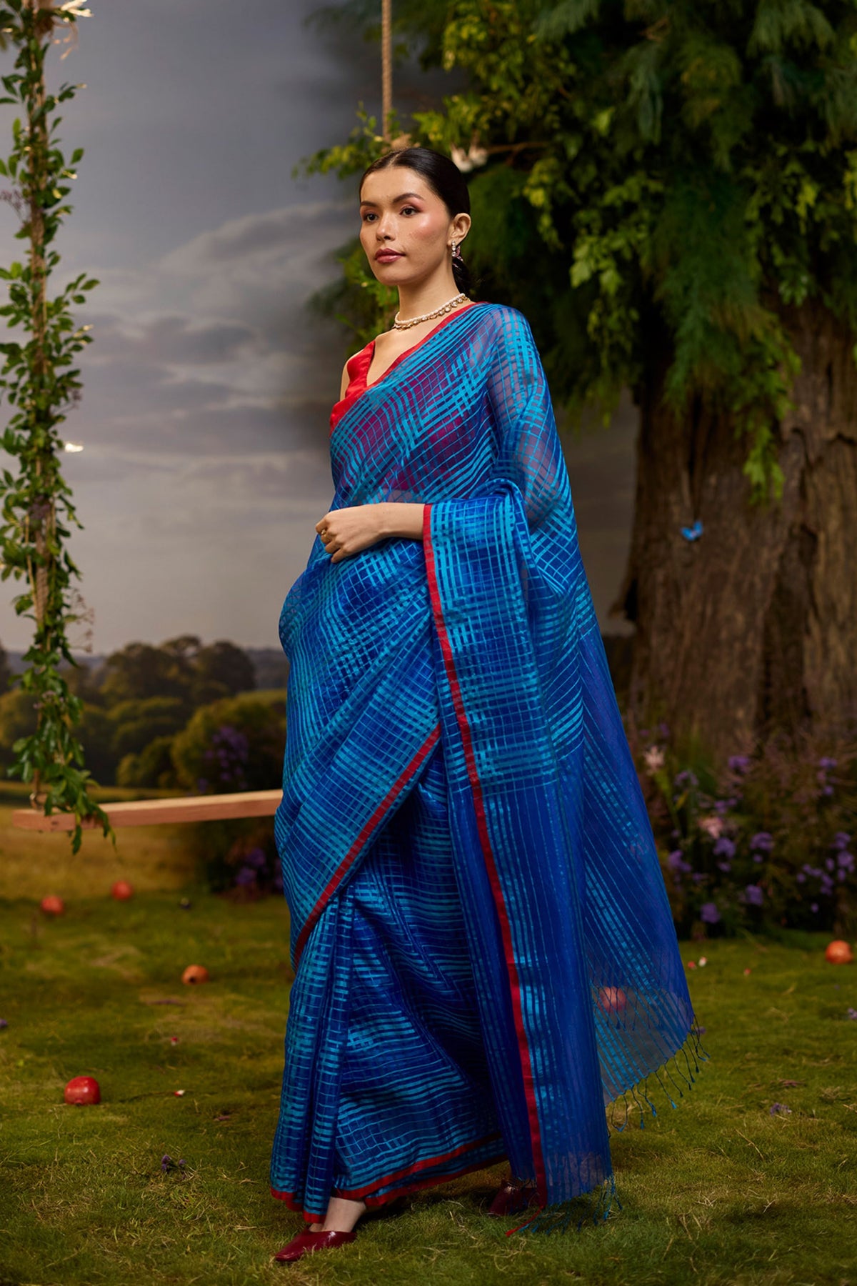A Walkin Blue Checkered Saree