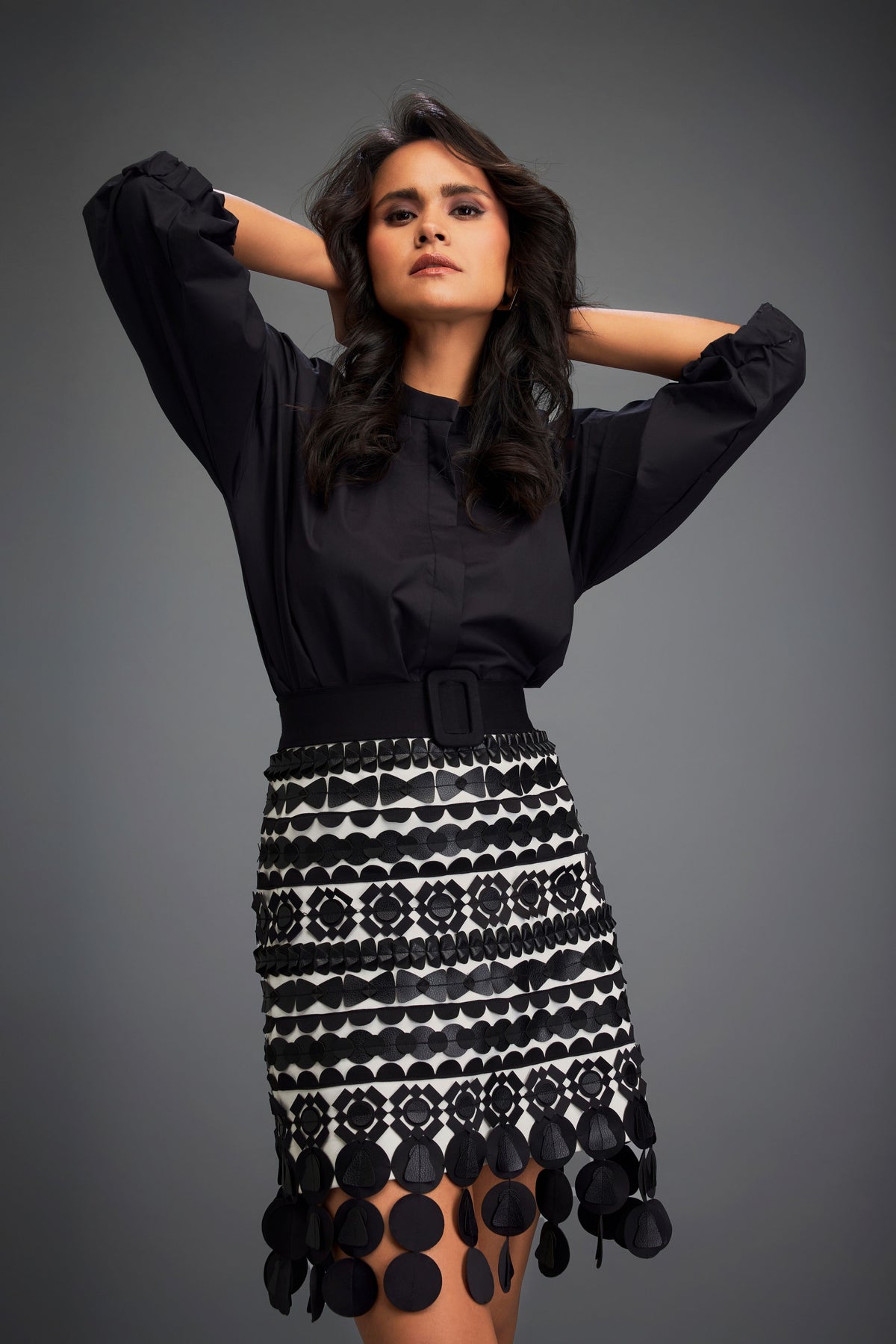 Black Embellished Skirt With Belt