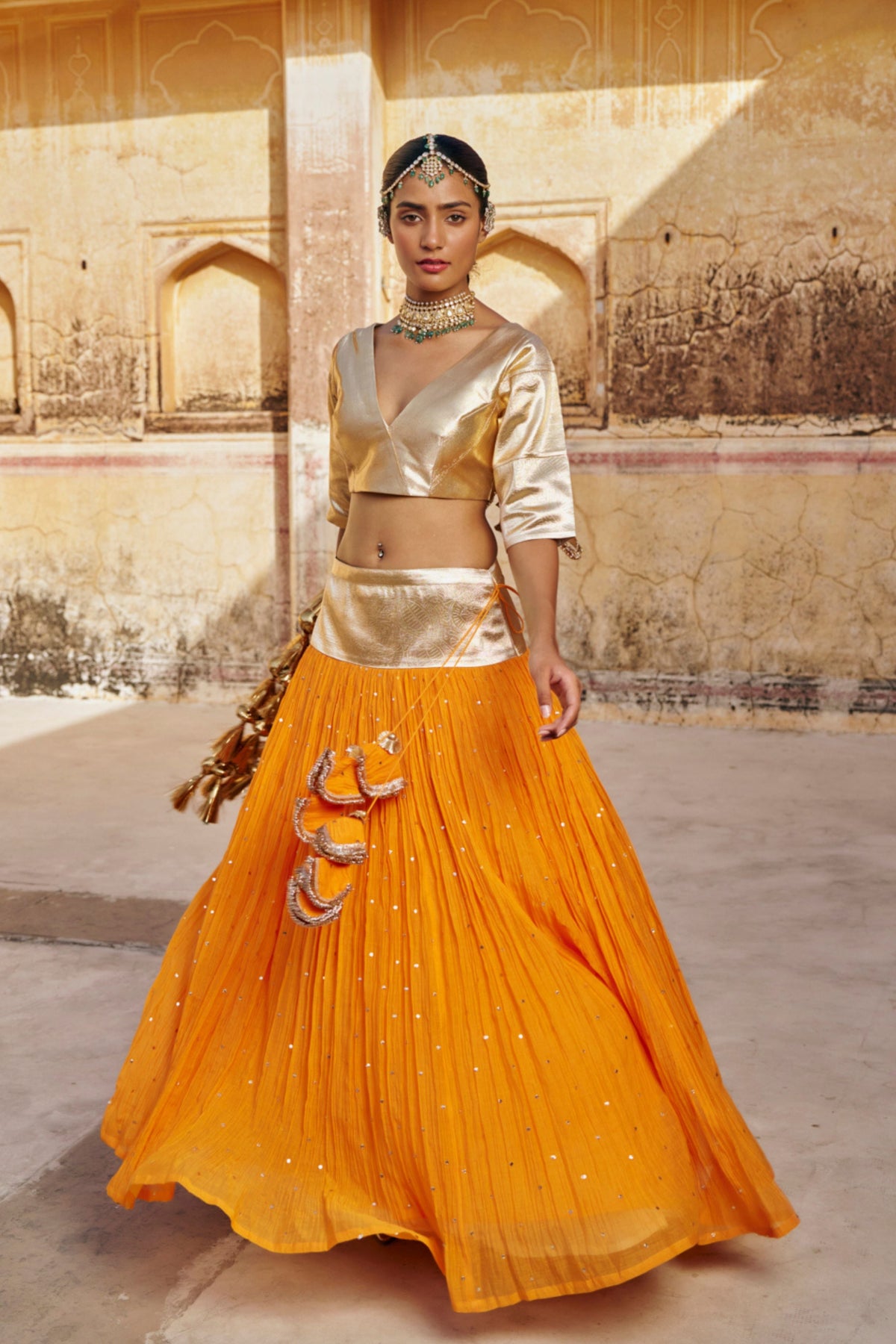Saffron Golden Zari Lehenga Set