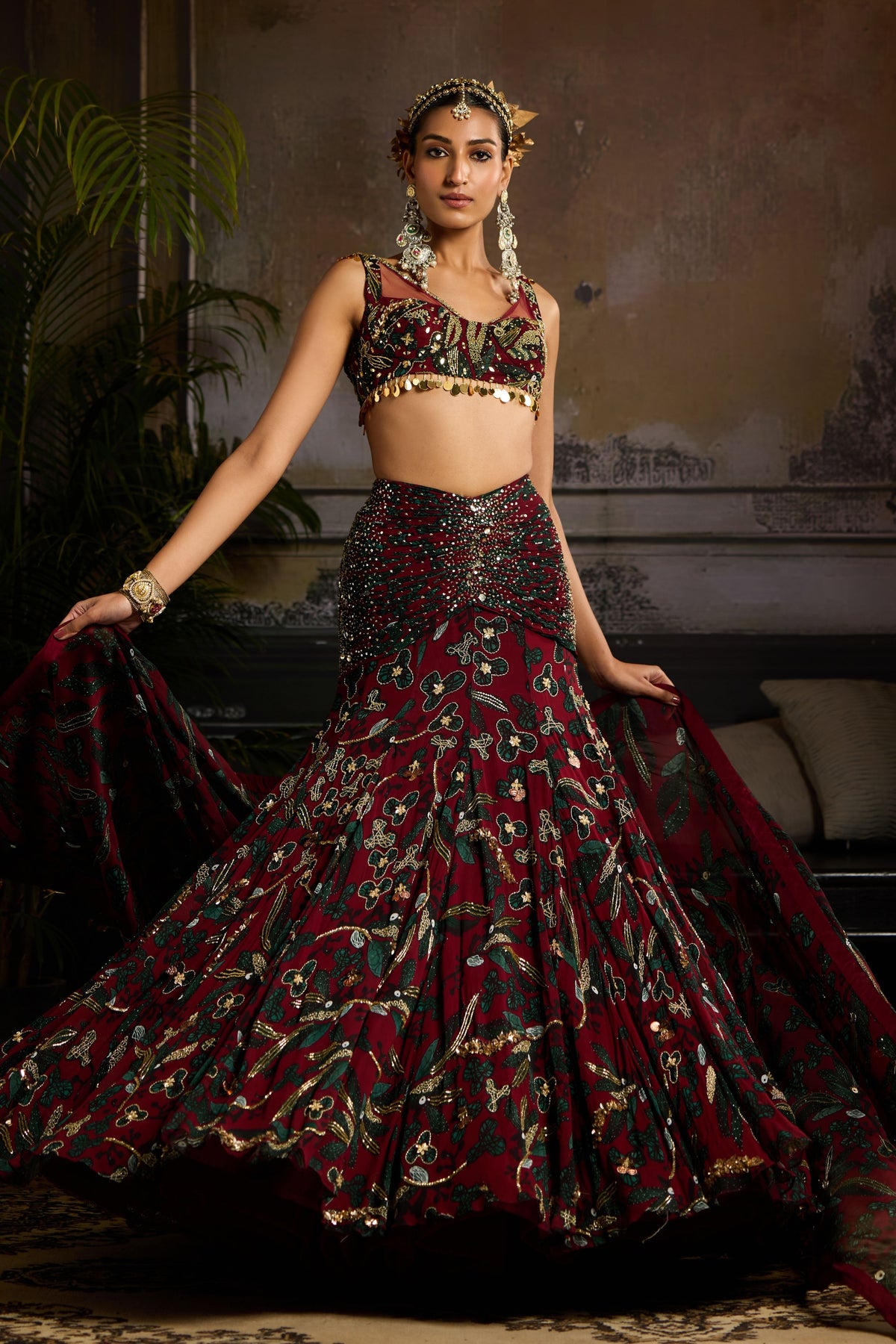 Wine Print Highlighted Lehenga Set