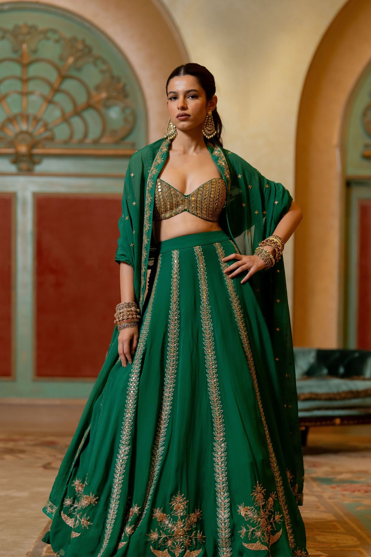 Emerald Green Hand Embroidered Mirror Detailed Lehenga Set