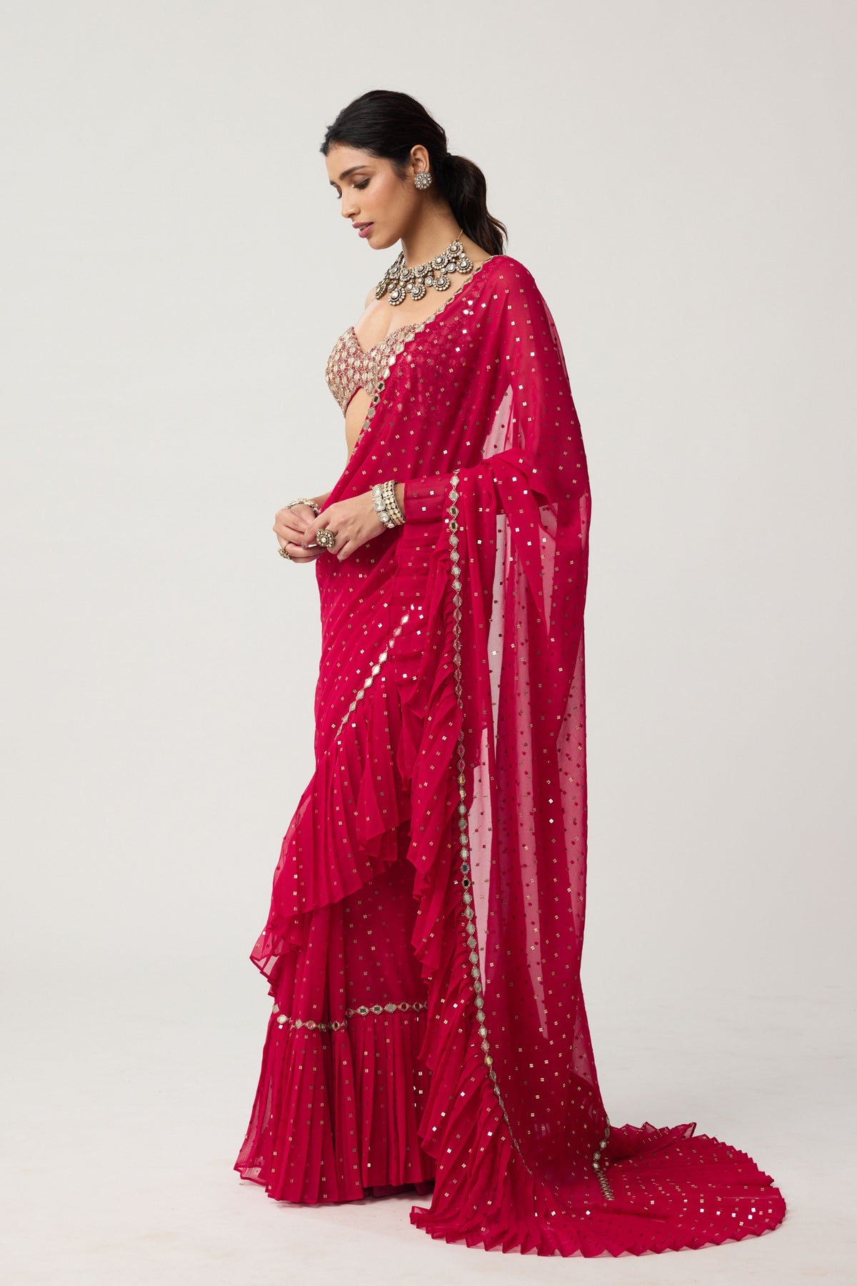 Crimson Red Ruffle Saree Set