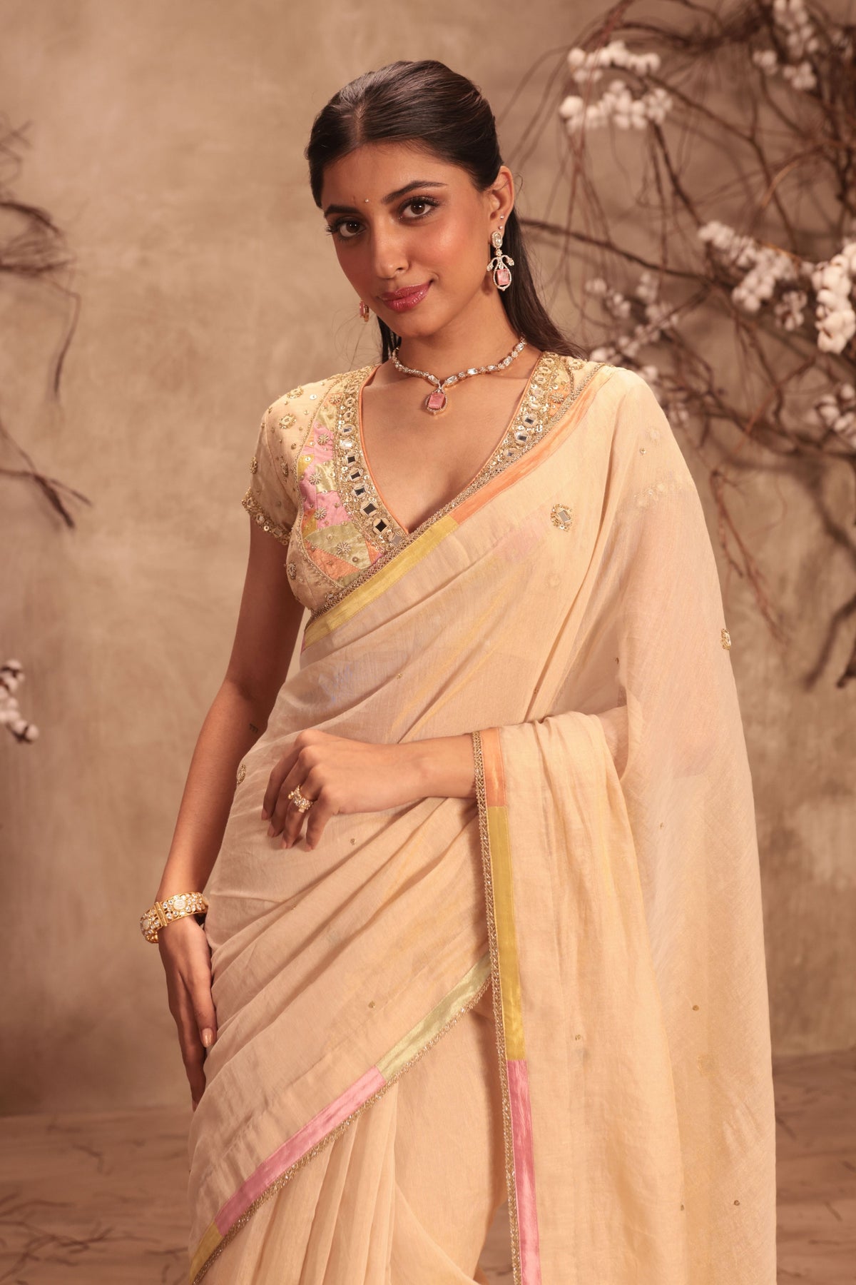 Ivory Applique Saree Set
