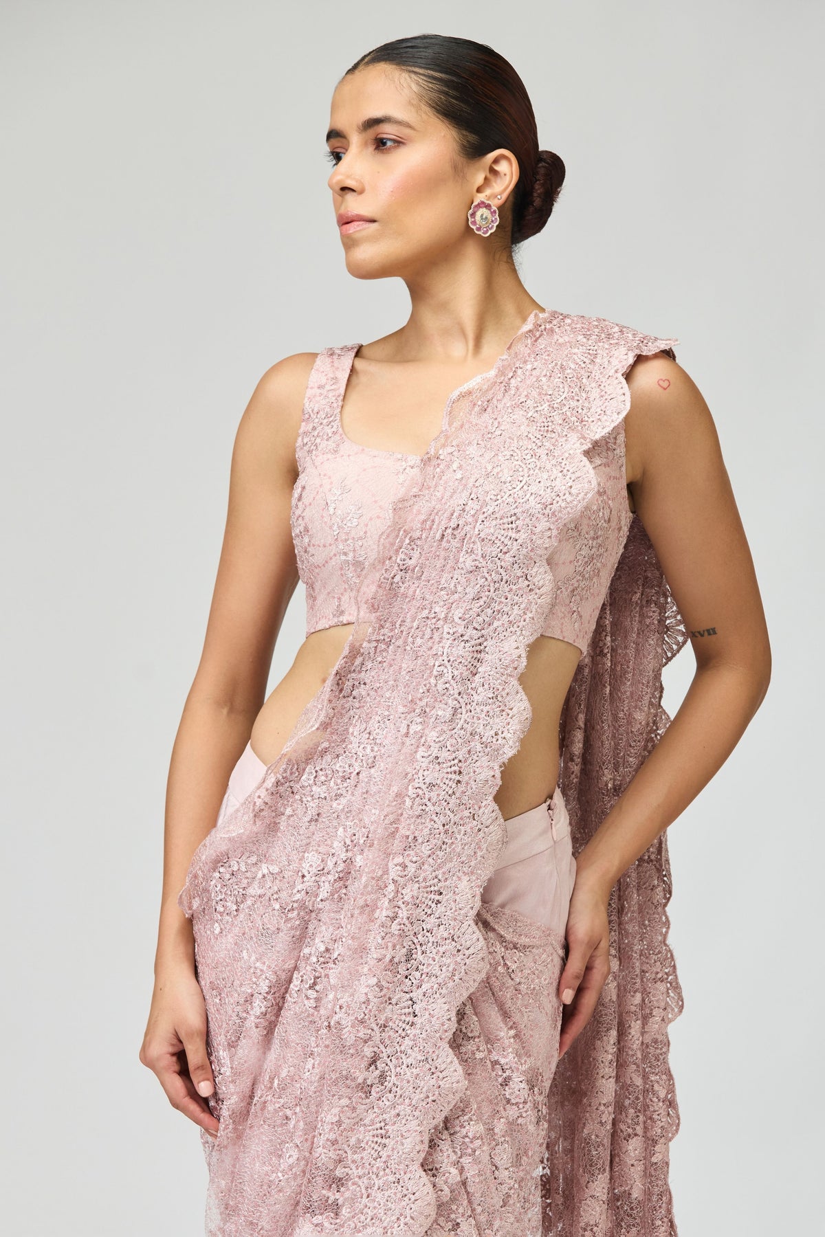 Pink Sheer Embroidered Saree Set