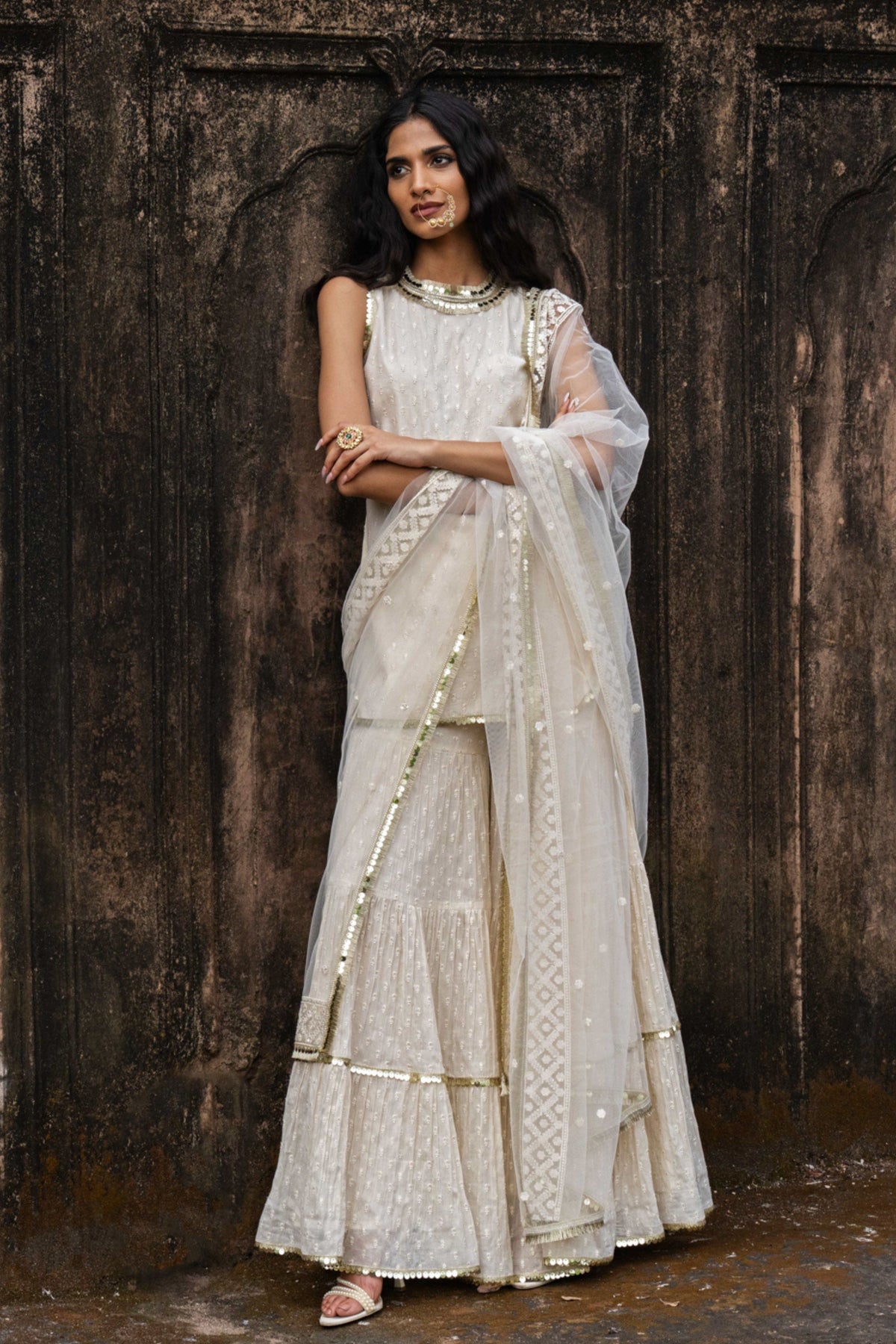 Off White Gold Dot Sharara Set